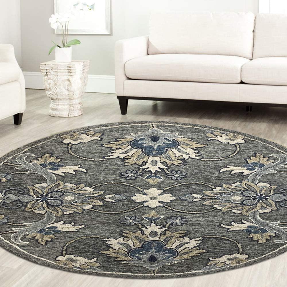 7’ Round Gray Intricate Jacobean Area Rug