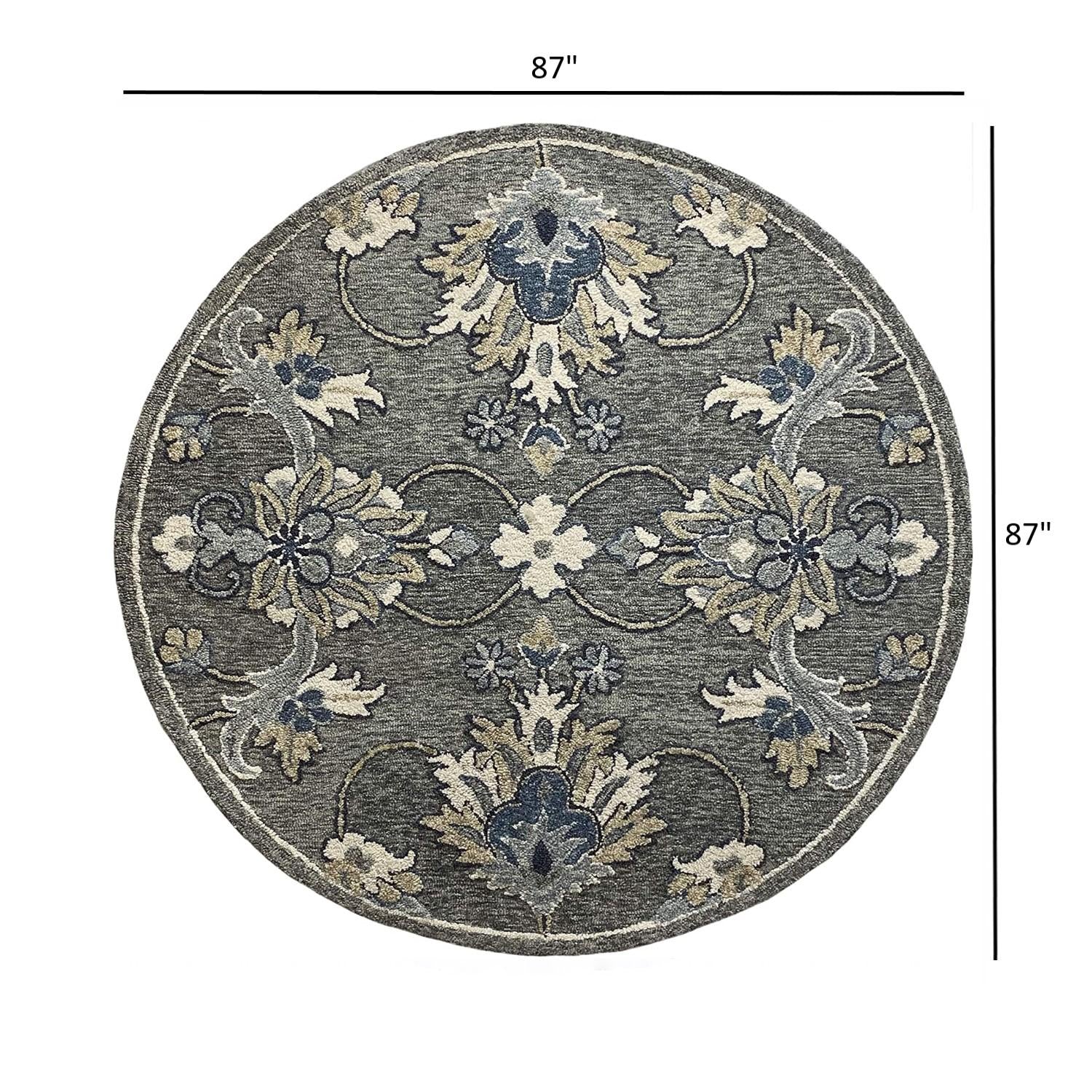 7’ Round Gray Intricate Jacobean Area Rug