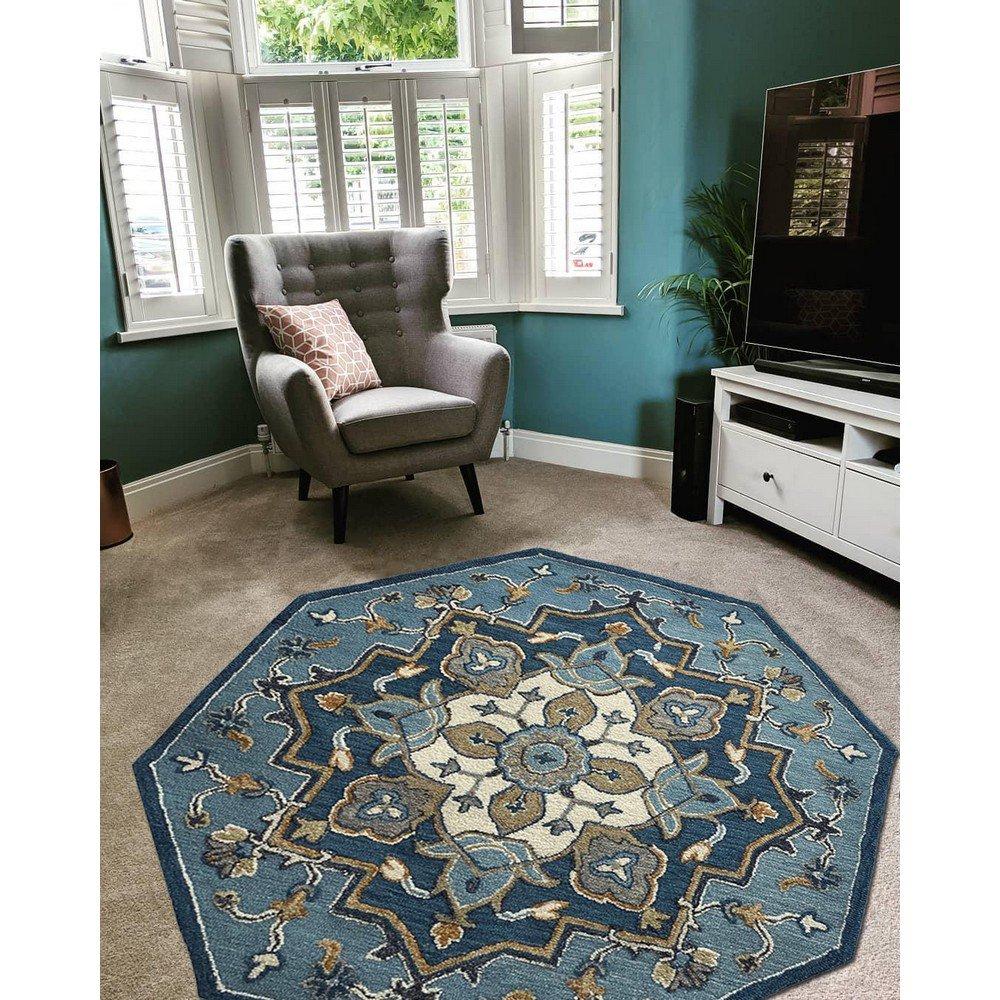 5’ Round Blue Traditional Medallion Area Rug