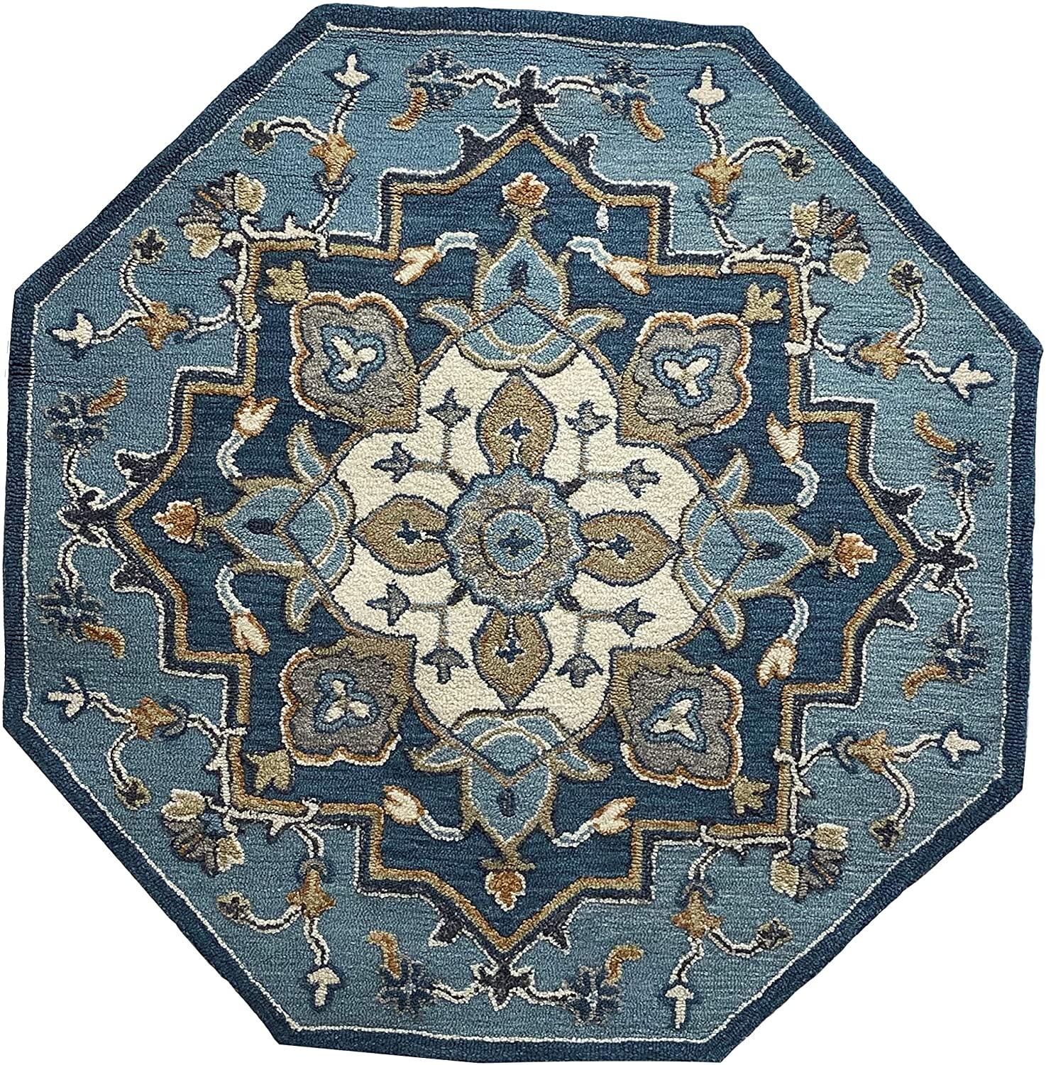 7’ Round Blue Traditional Medallion Area Rug