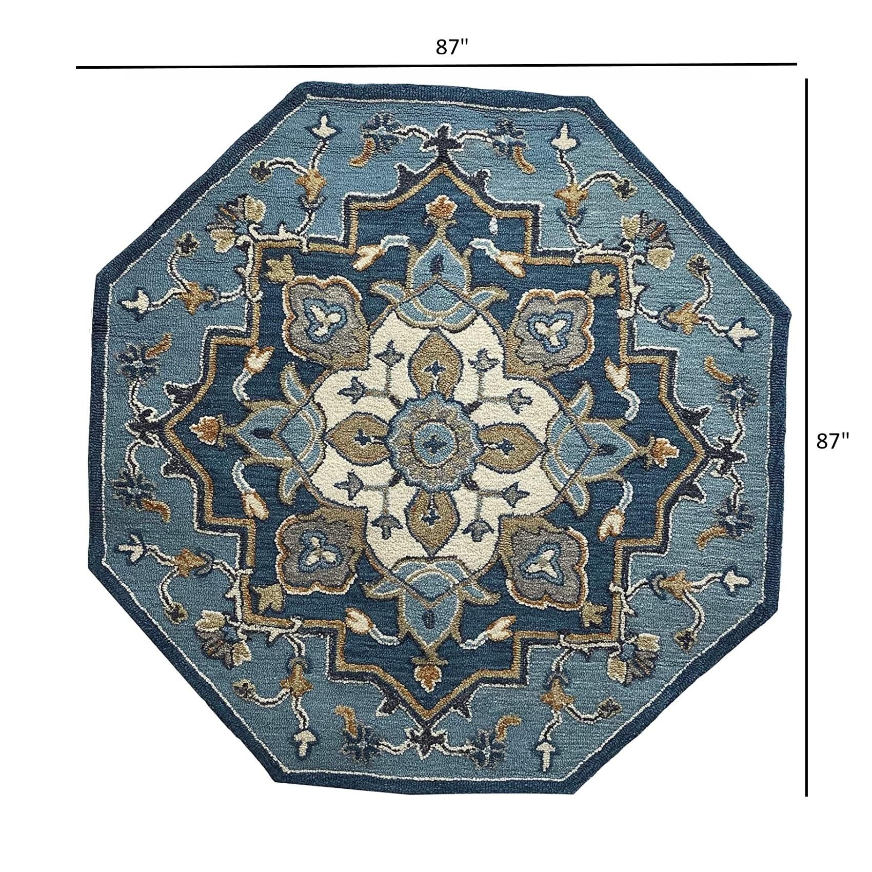 7’ Round Blue Traditional Medallion Area Rug