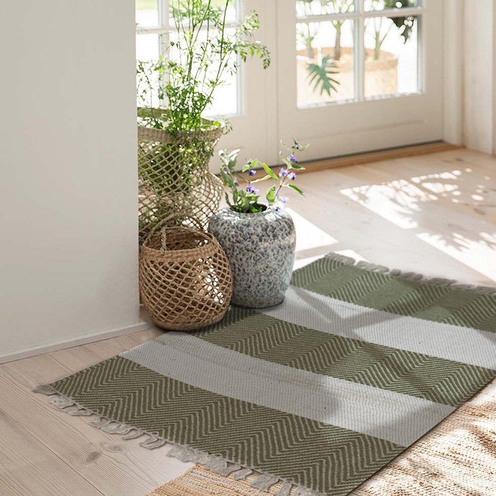 2’ x 4’ Green and White Chevron Striped Area Rug