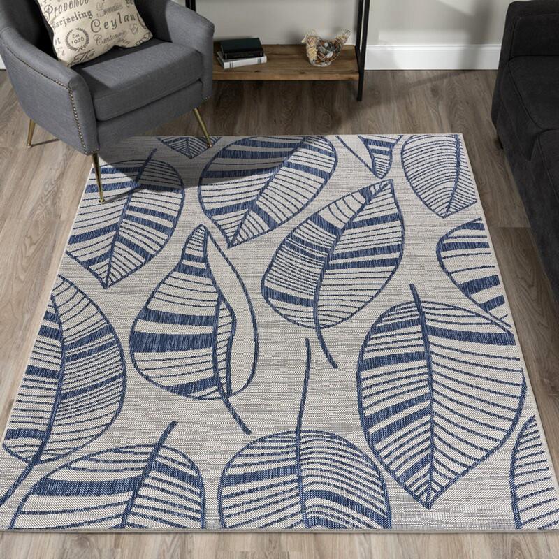 5’ x 7’ Navy Leaves Indoor Outdoor Area Rug