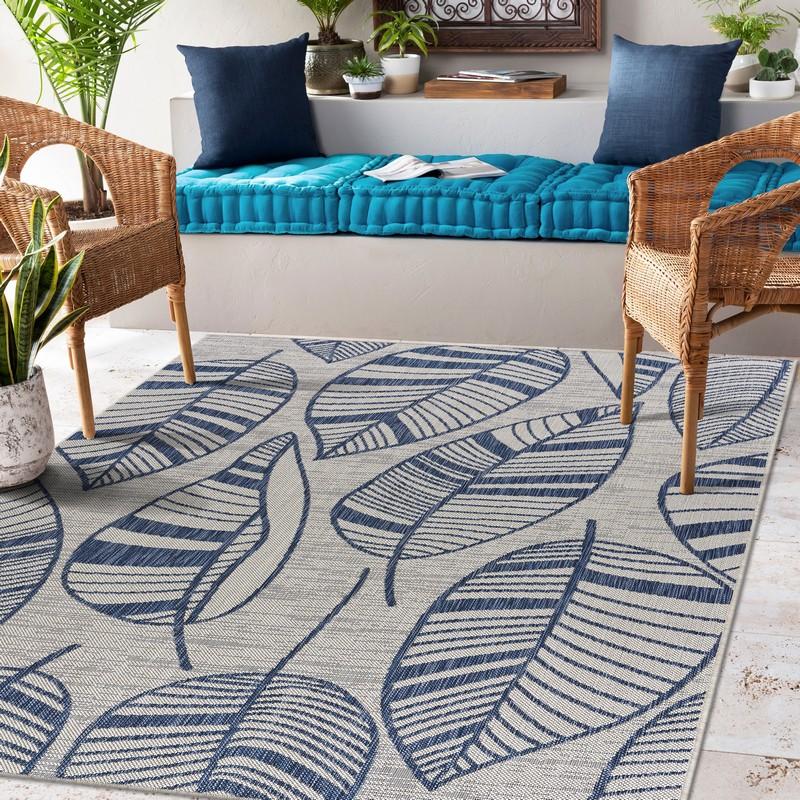 5’ x 7’ Navy Leaves Indoor Outdoor Area Rug