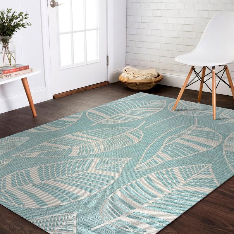 5’ x 7’ Teal Leaves Indoor Outdoor Area Rug