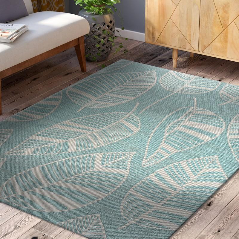 5’ x 7’ Teal Leaves Indoor Outdoor Area Rug