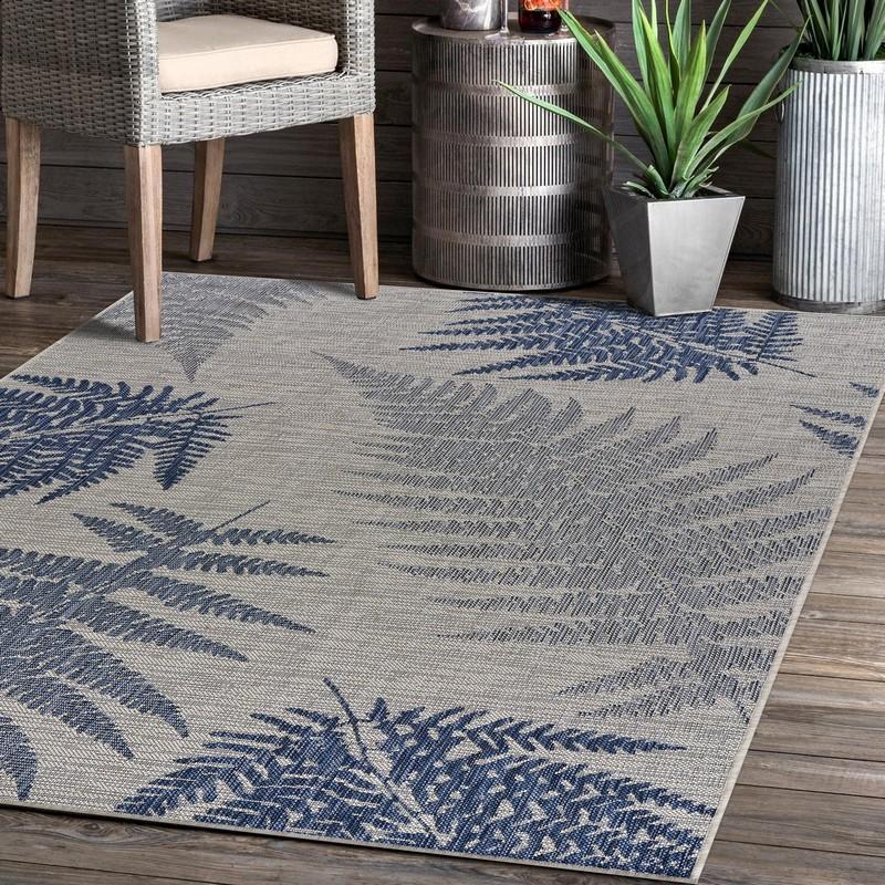 5’ x 7’ Navy Fern Leaves Indoor Outdoor Area Rug