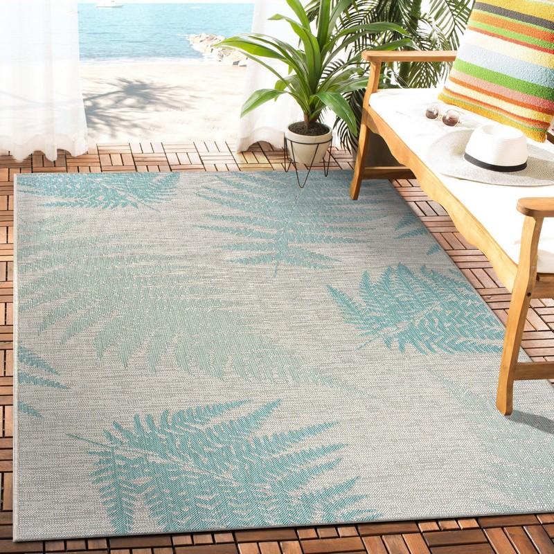 5’ x 7’ Teal Fern Leaves Indoor Outdoor Area Rug