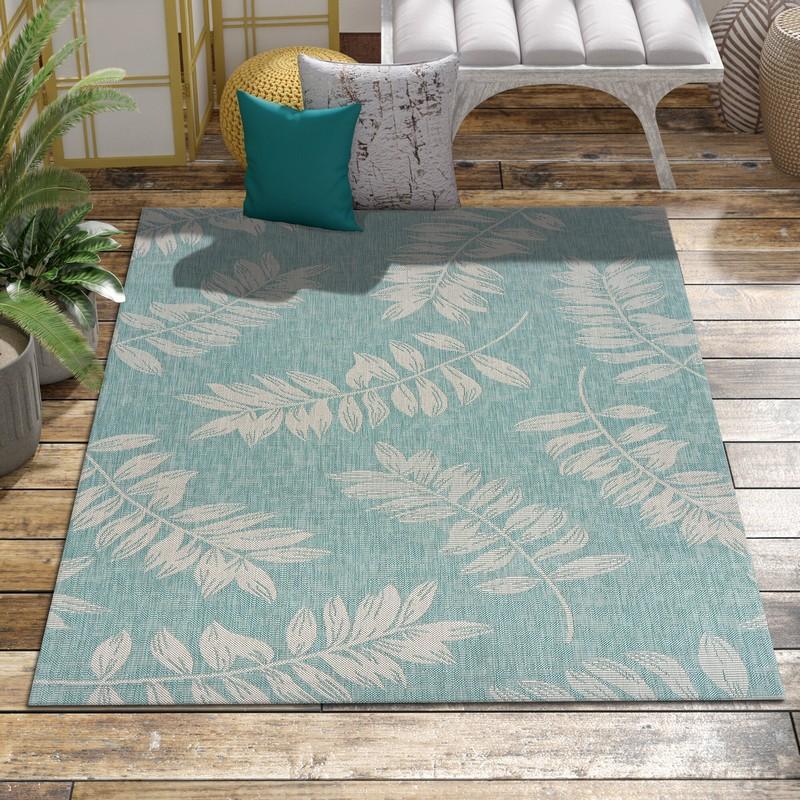 5’ x 7’ Teal and Ash Sprigs Indoor Outdoor Area Rug