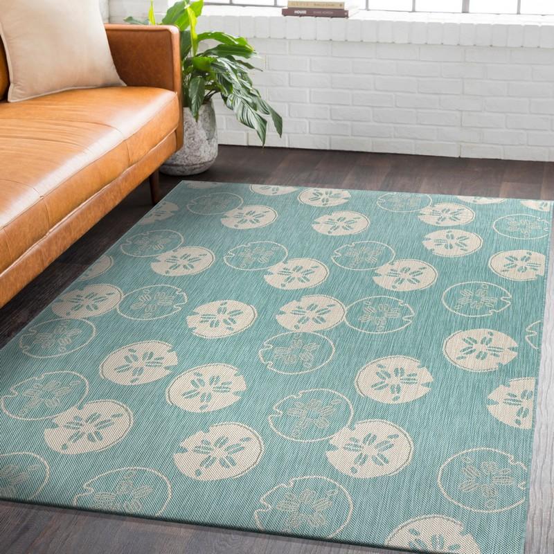 5’ x 7’ Teal Sand Dollars Indoor Outdoor Area Rug