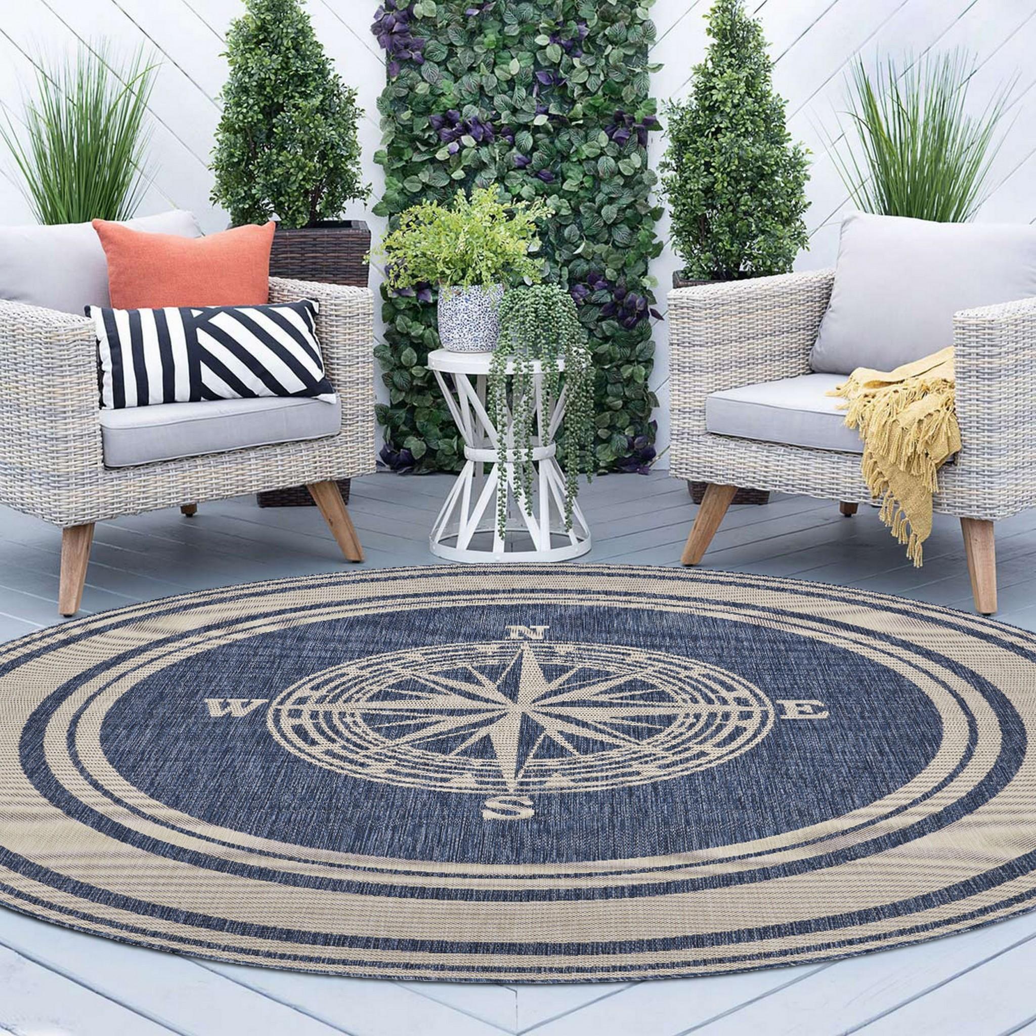 8’ Round Navy Nautical Indoor Outdoor Area Rug