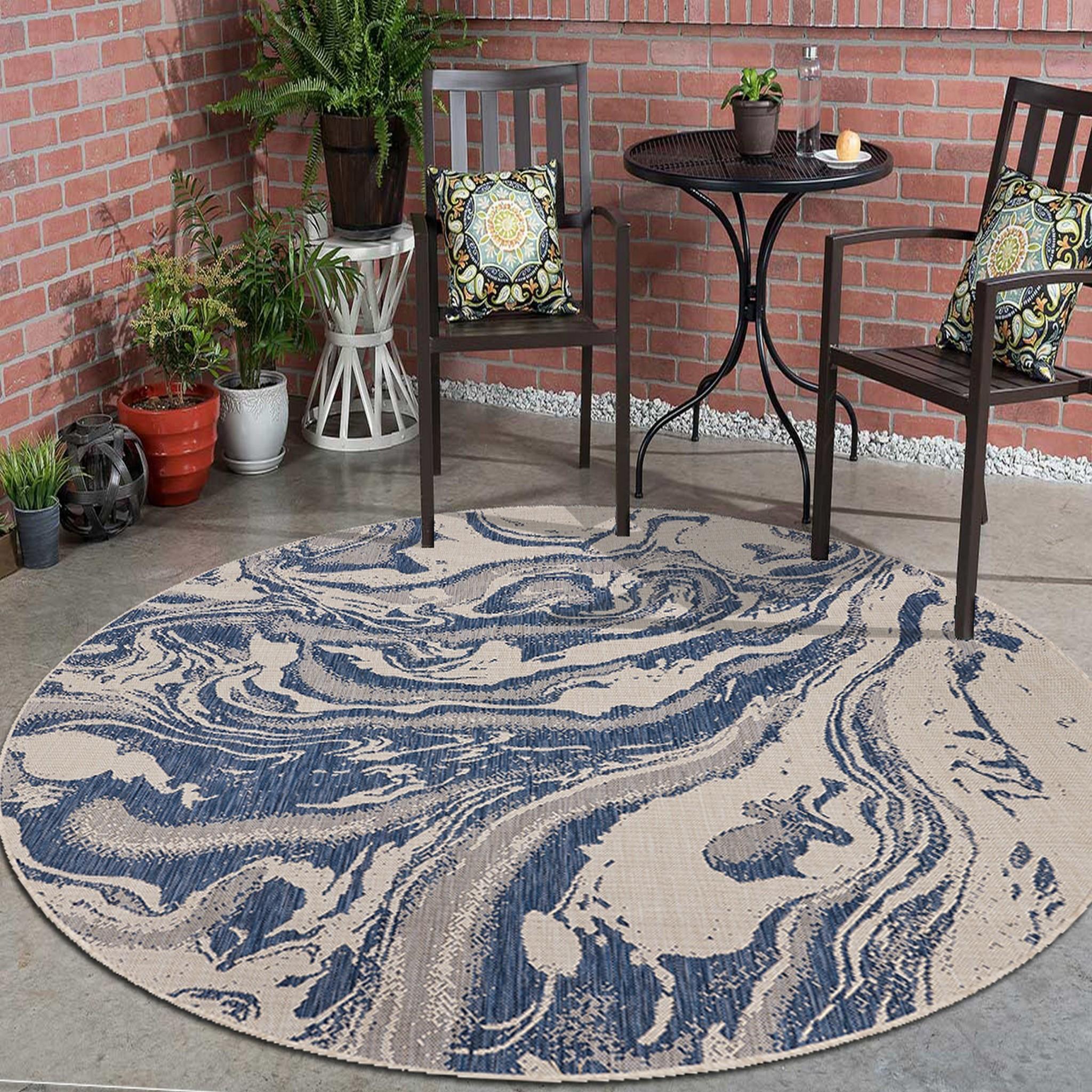 8’ Round Navy Abstract Indoor Outdoor Area Rug