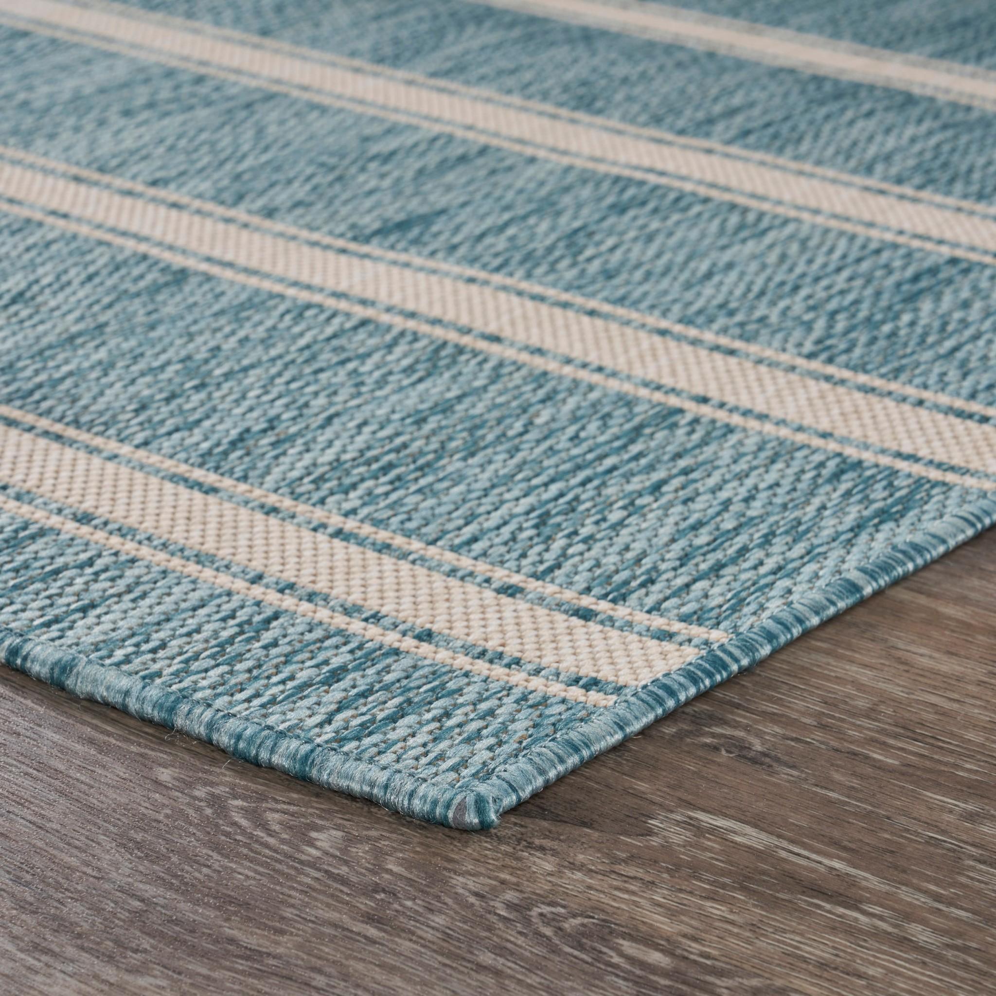 5’ x 7’ Teal Striped Indoor Outdoor Area Rug