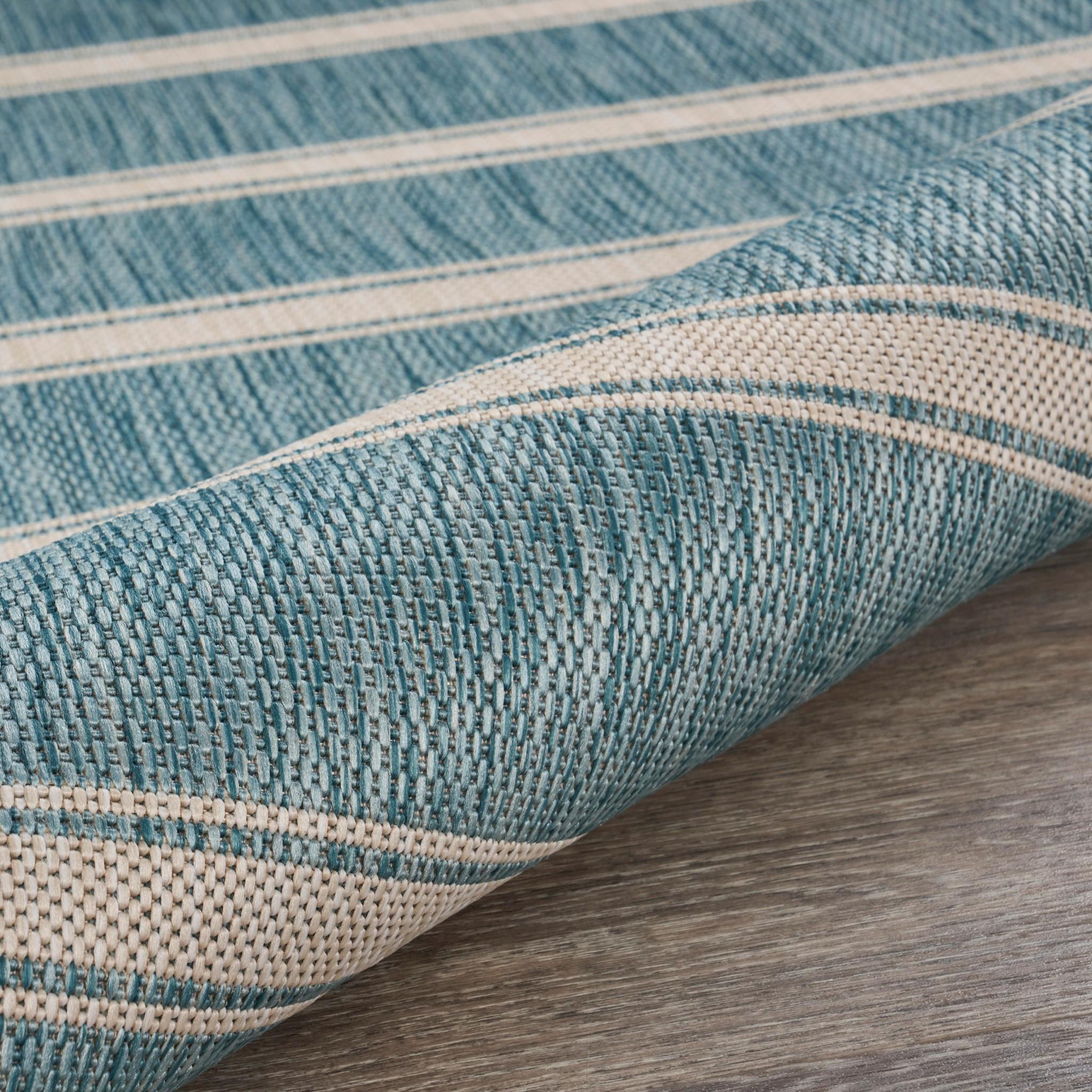 5’ x 7’ Teal Striped Indoor Outdoor Area Rug