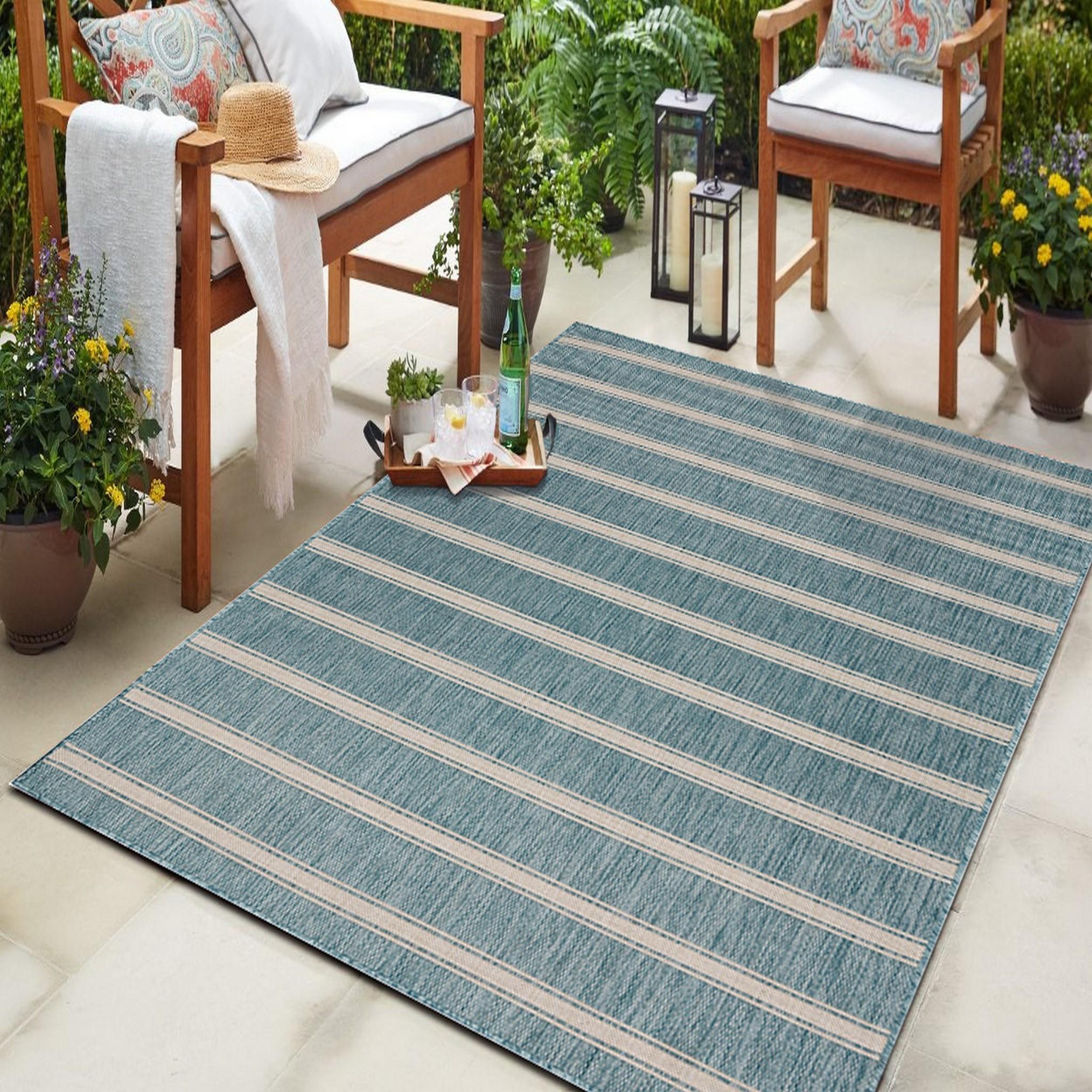 5’ x 7’ Teal Striped Indoor Outdoor Area Rug