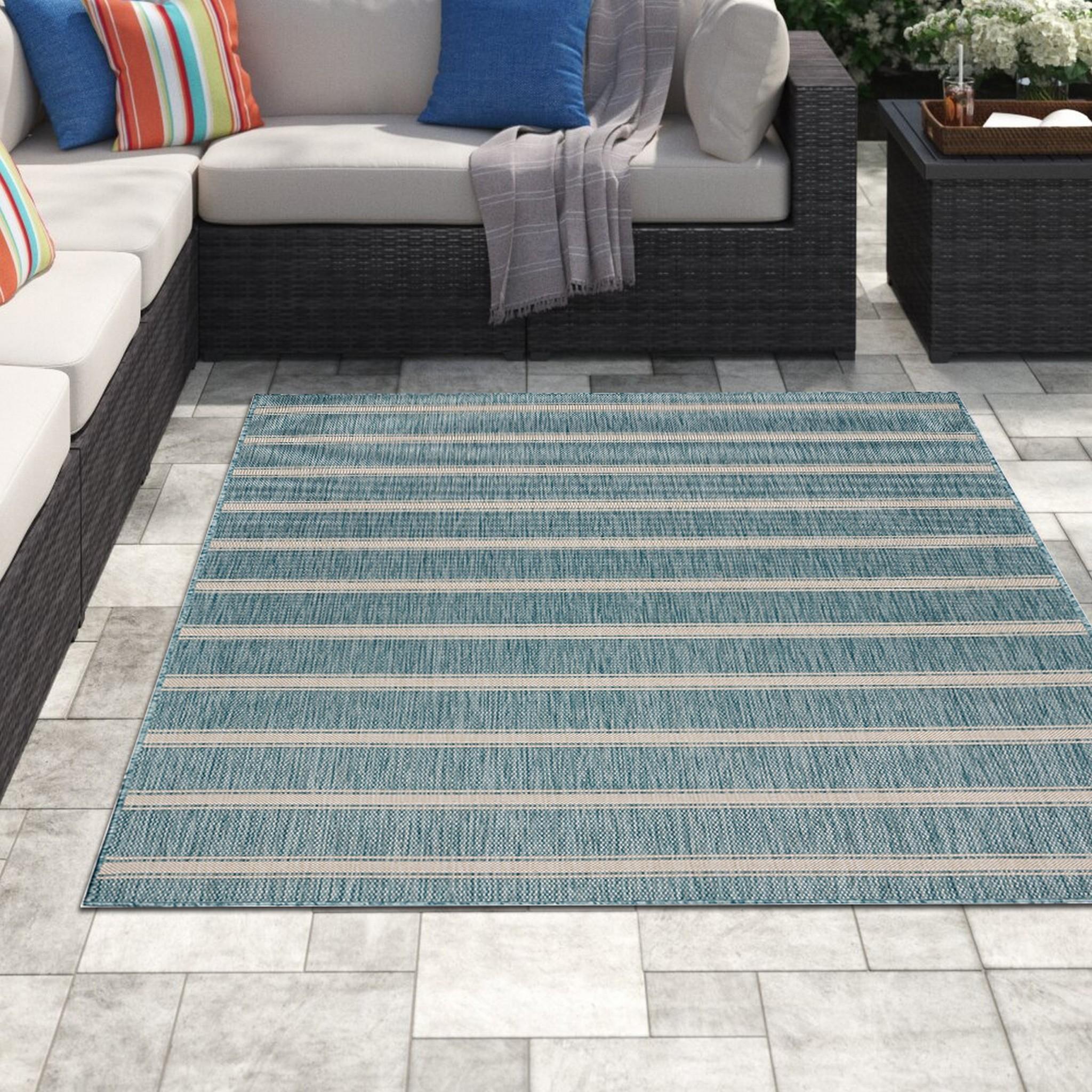 5’ x 7’ Teal Striped Indoor Outdoor Area Rug