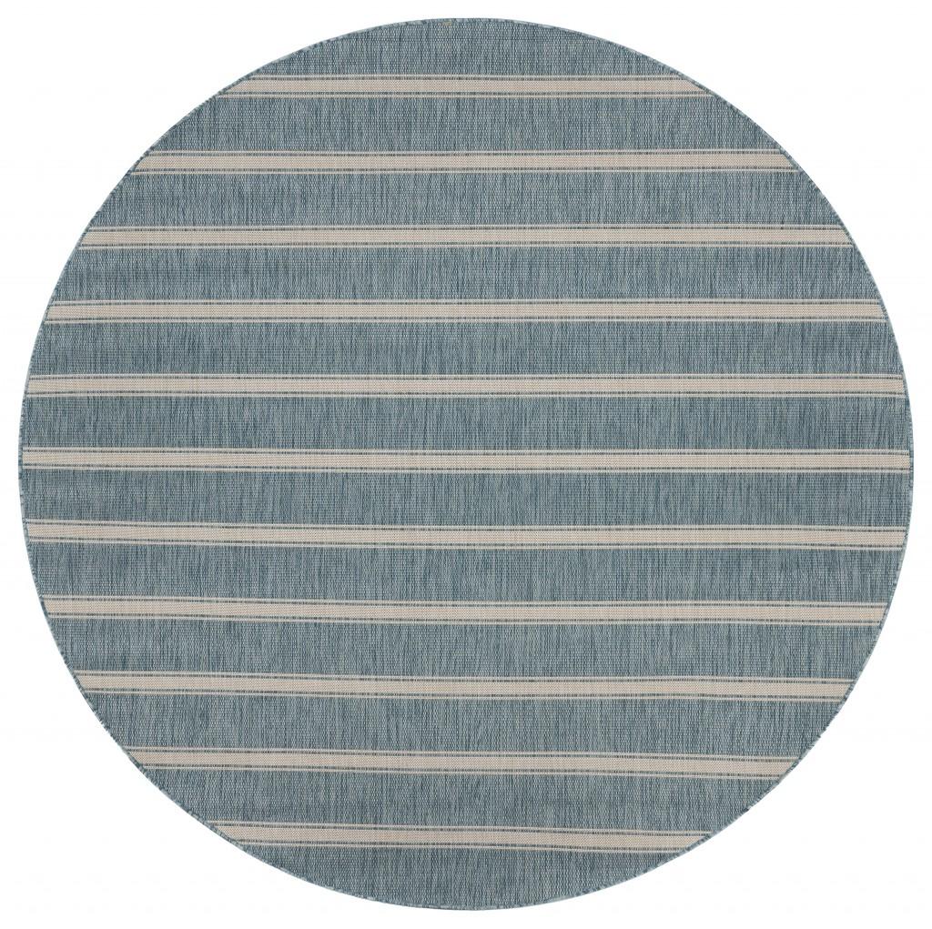 8’ Round Teal Striped Indoor Outdoor Area Rug