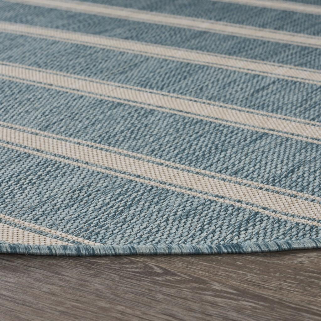 8’ Round Teal Striped Indoor Outdoor Area Rug