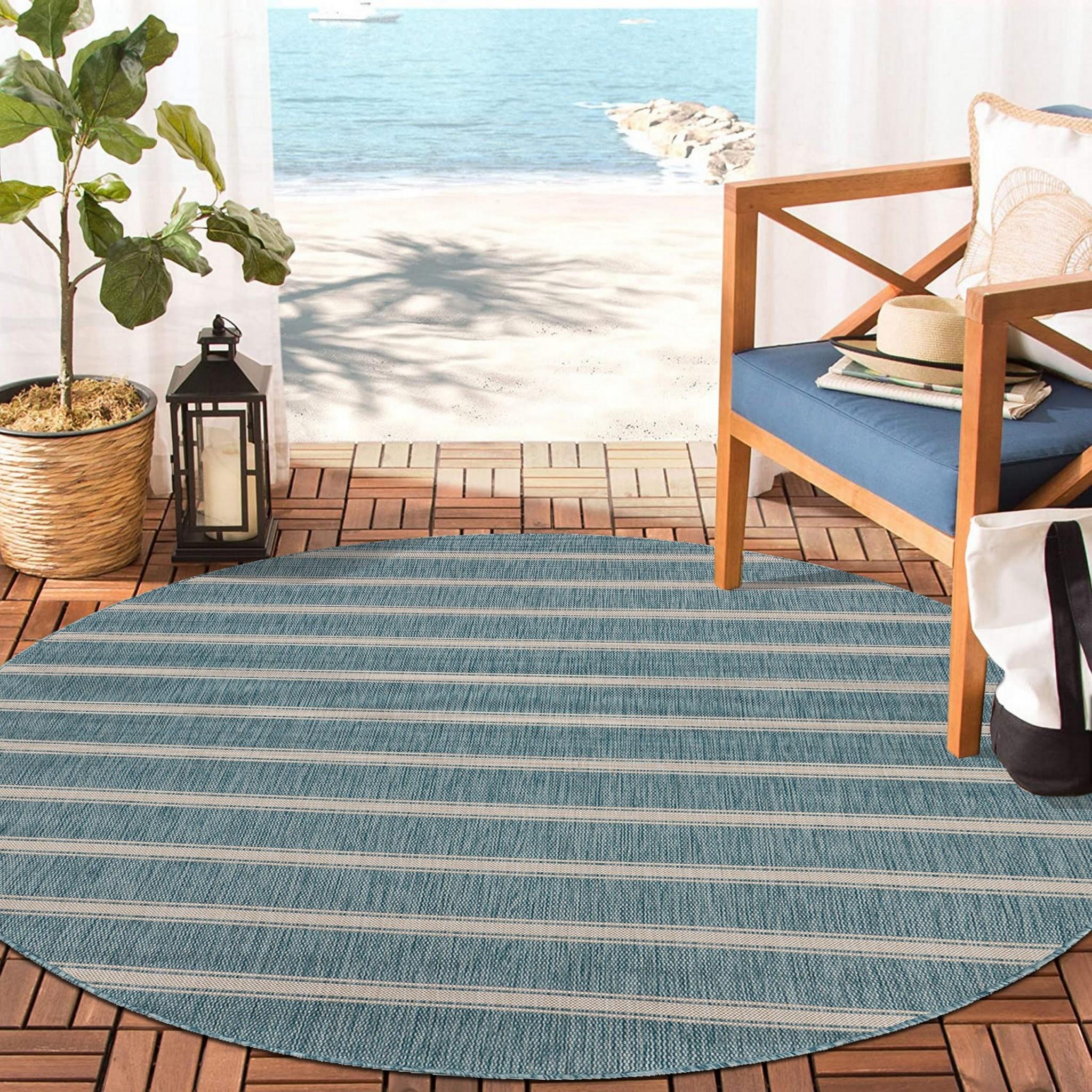 8’ Round Teal Striped Indoor Outdoor Area Rug