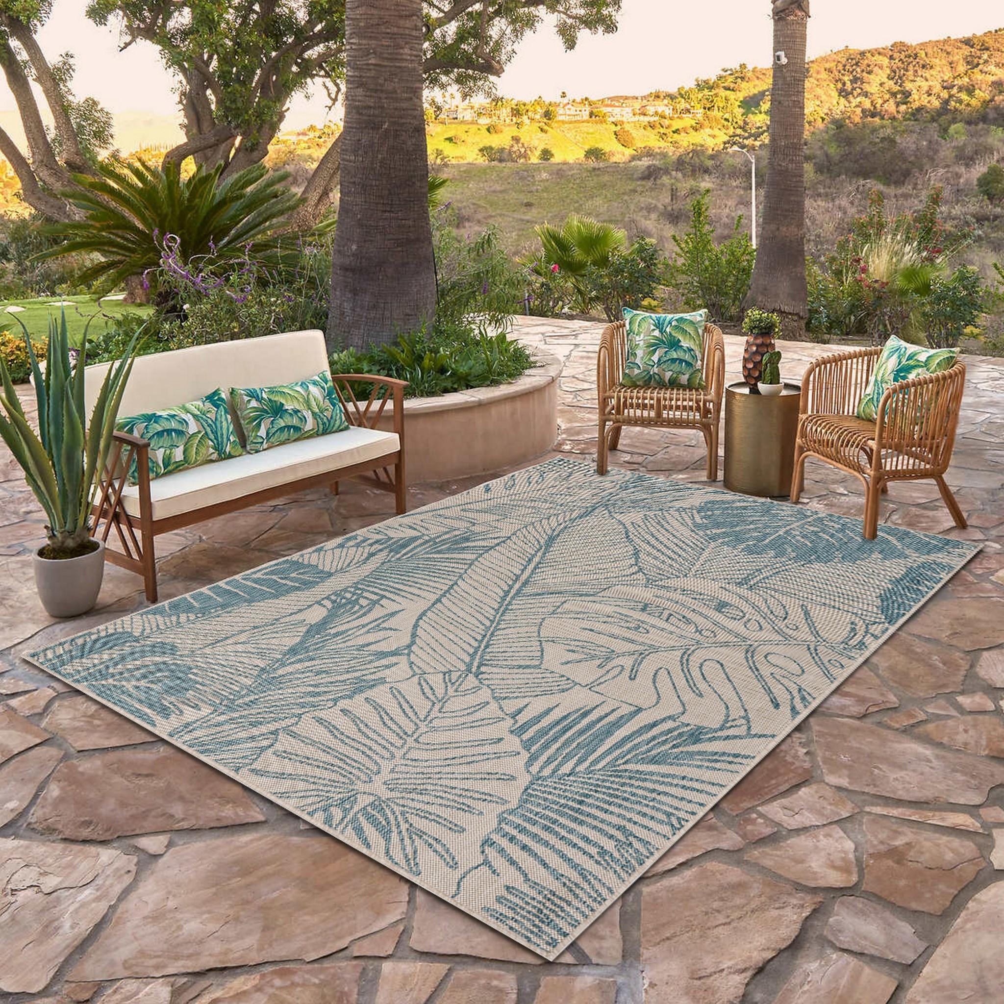 5’ x 7’ Teal Tropical Indoor Outdoor Area Rug