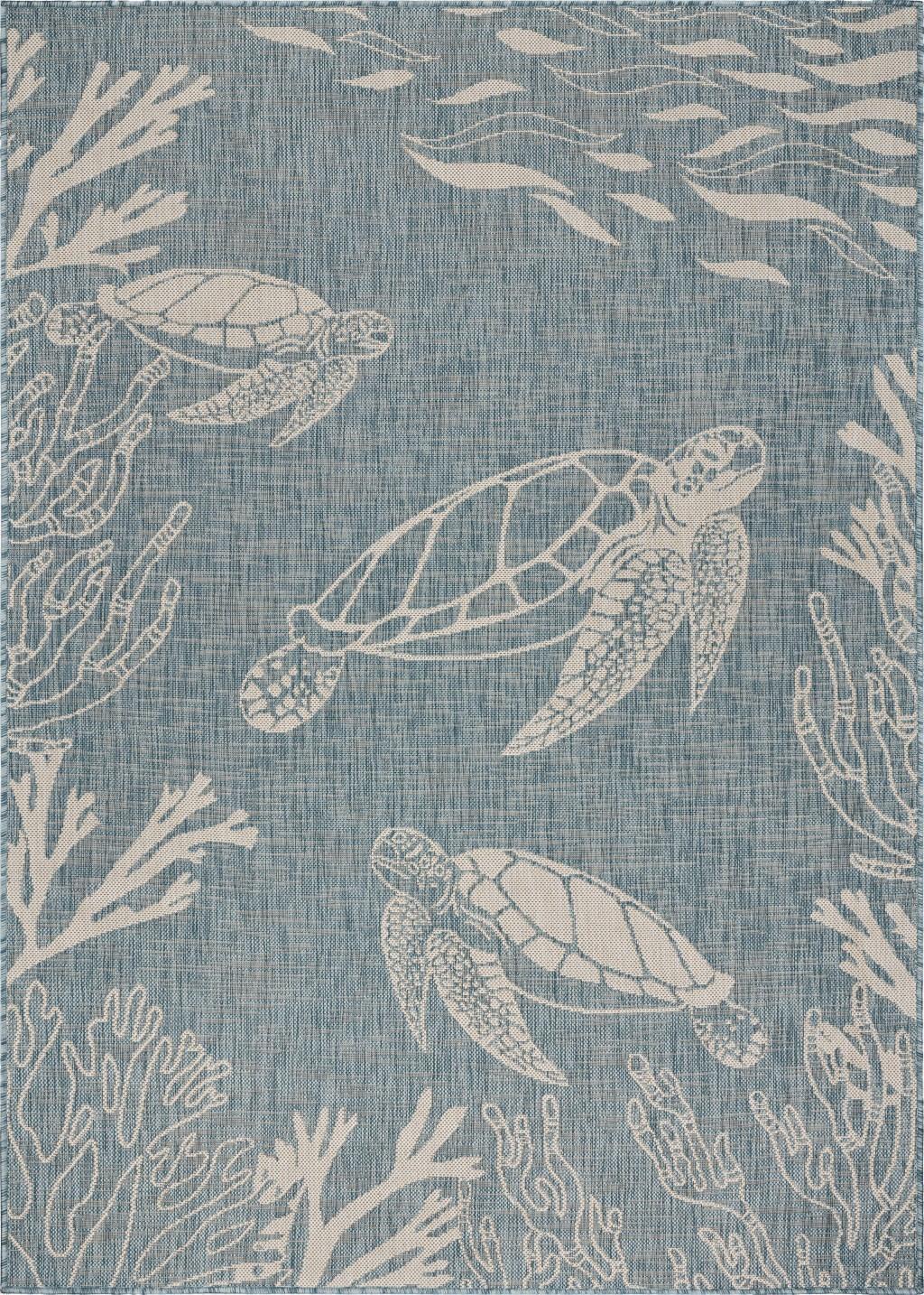 5’ x 7’ Teal Turtle Indoor Outdoor Area Rug