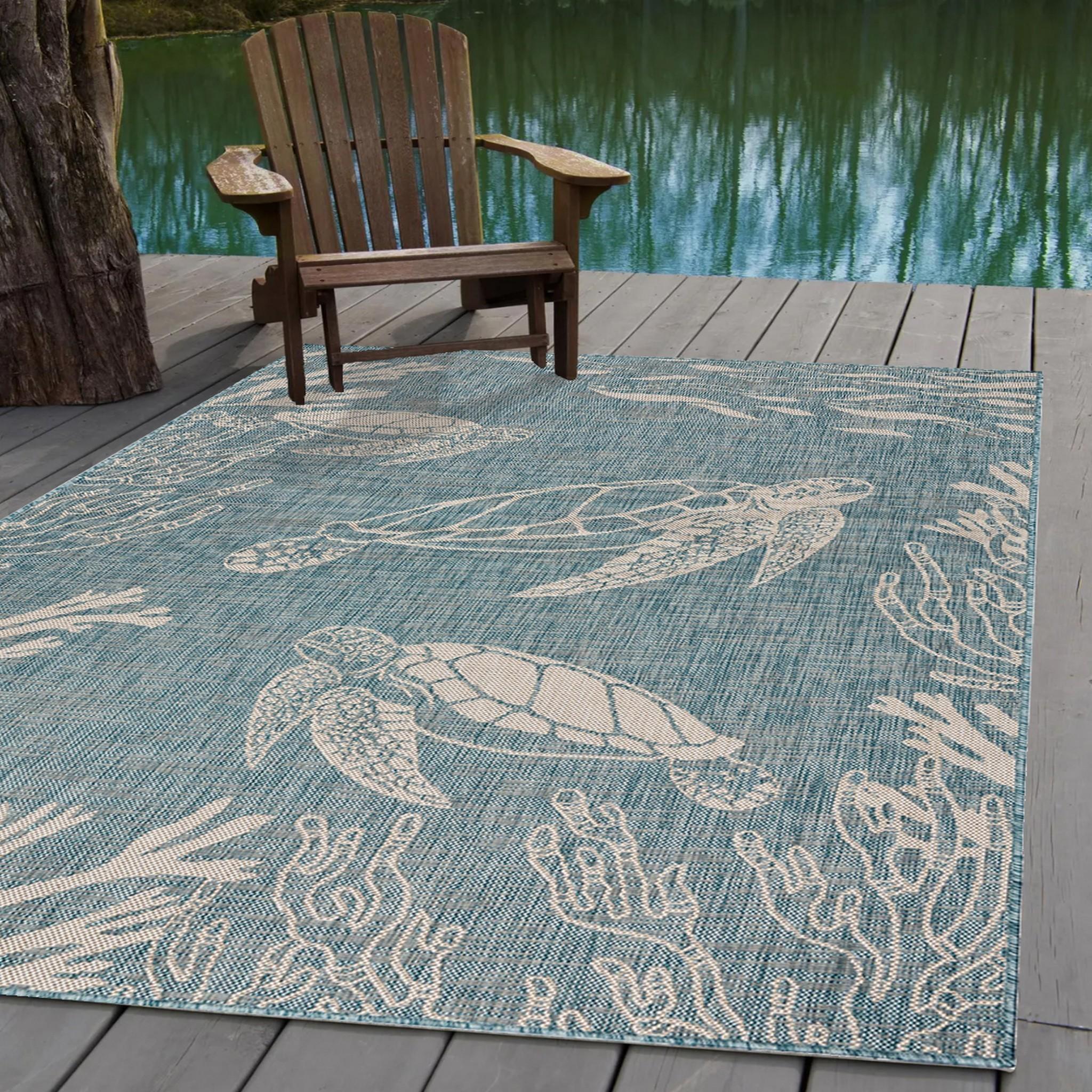 5’ x 7’ Teal Turtle Indoor Outdoor Area Rug