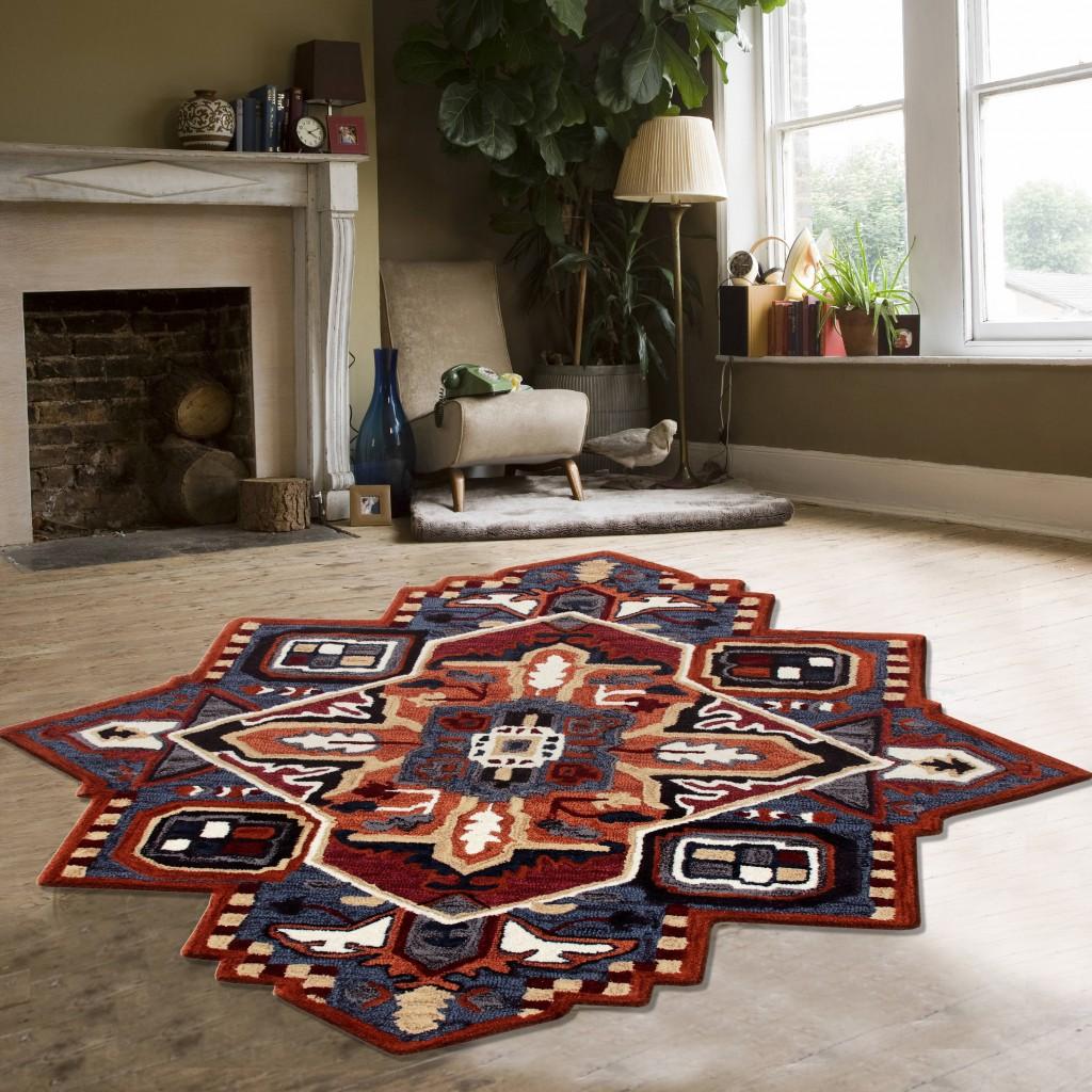 7’ Maroon and Blue Medallion Area Rug