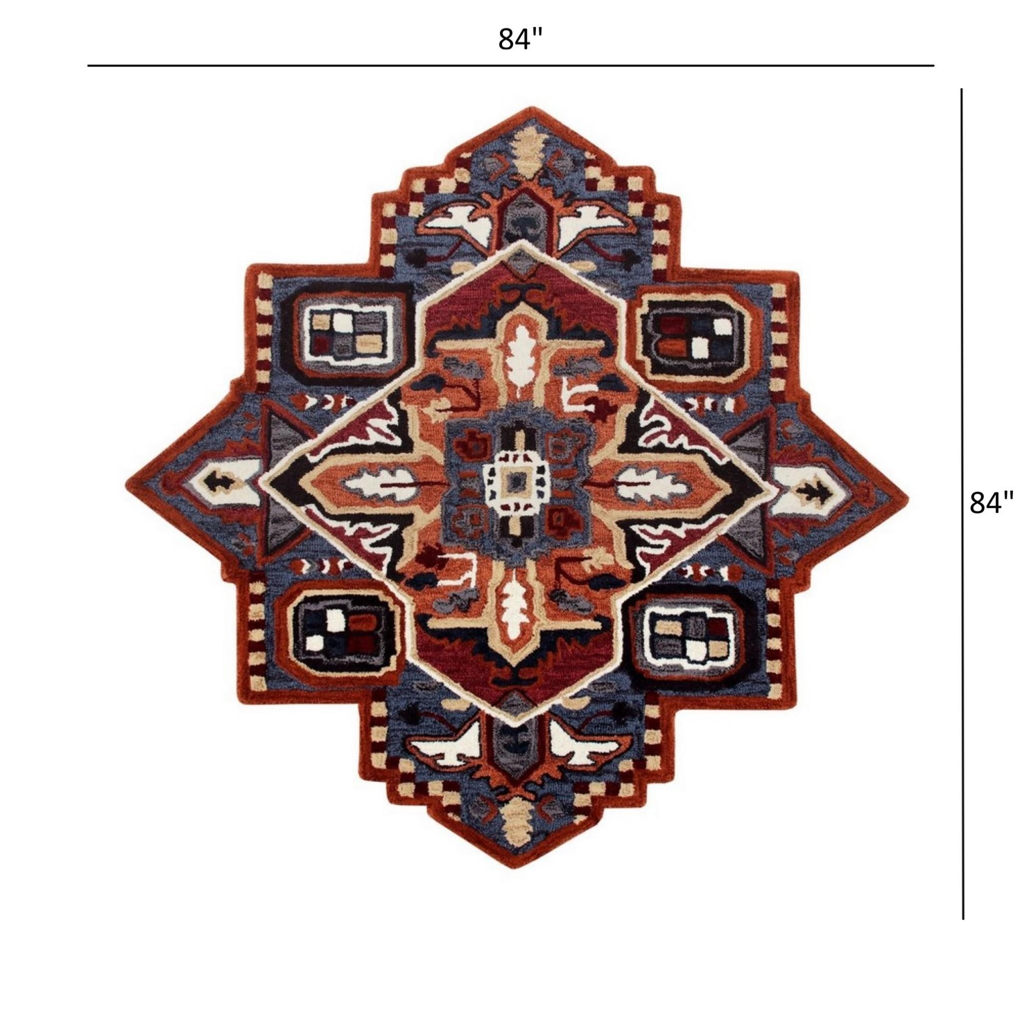 7’ Maroon and Blue Medallion Area Rug