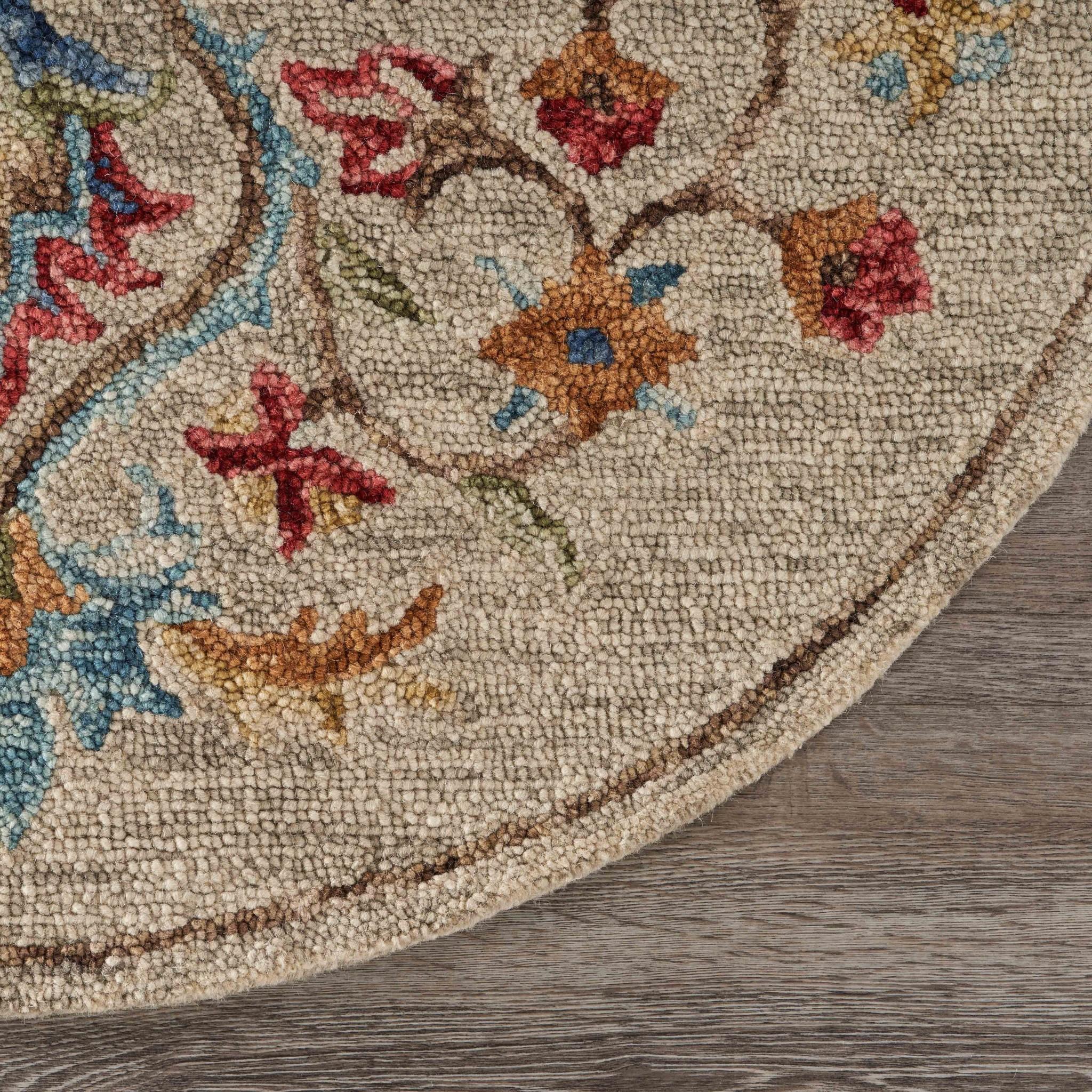 6’ Round Beige Floral Medallion Area Rug