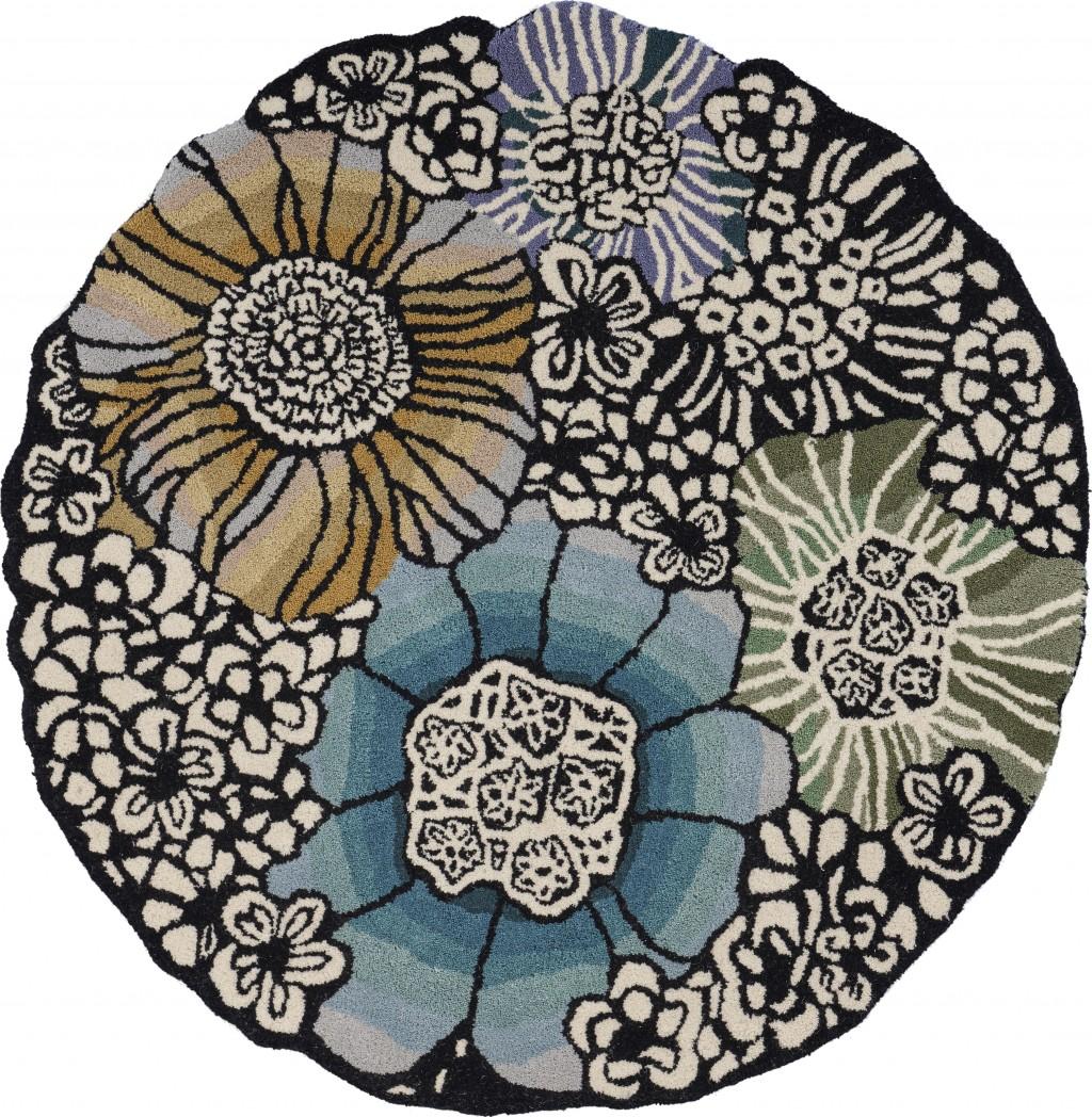 4’ Round Blue and Black Floral Area Rug Default Title