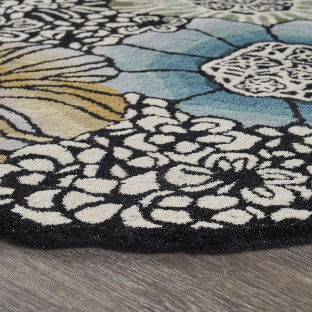 4’ Round Blue and Black Floral Area Rug