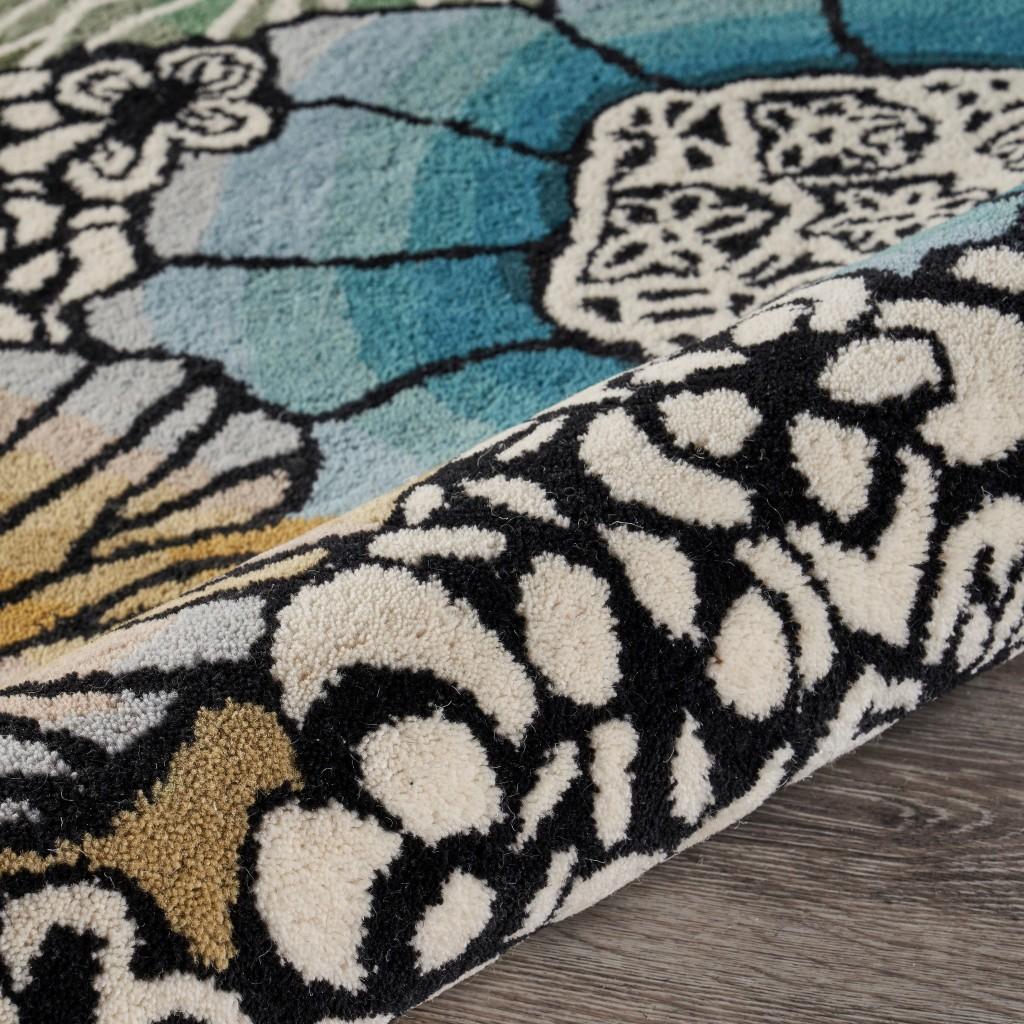 4’ Round Blue and Black Floral Area Rug