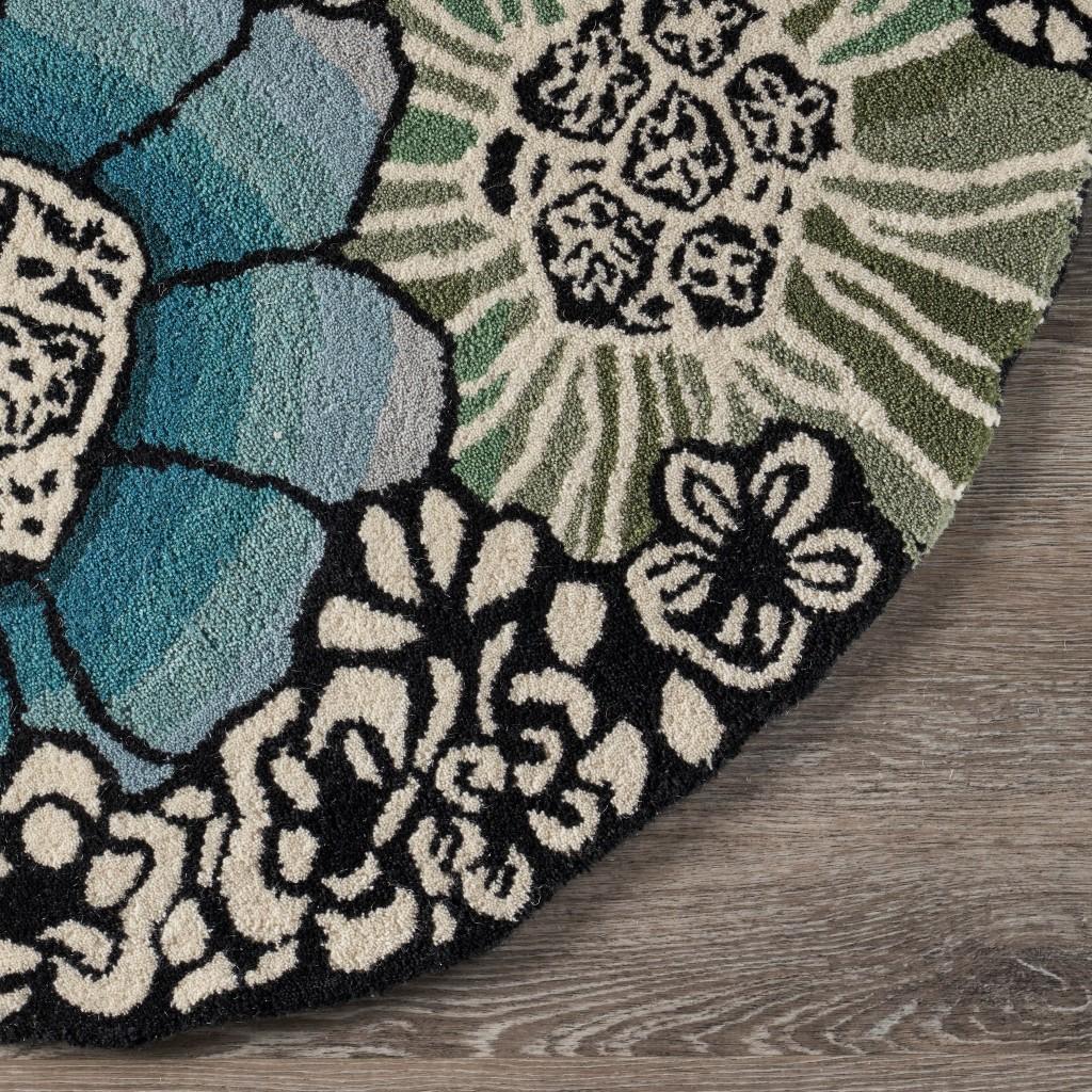 4’ Round Blue and Black Floral Area Rug