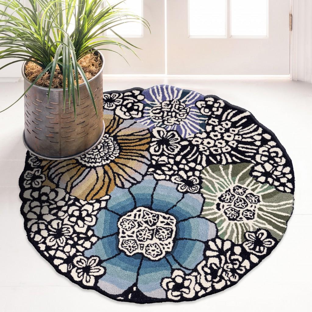 4’ Round Blue and Black Floral Area Rug