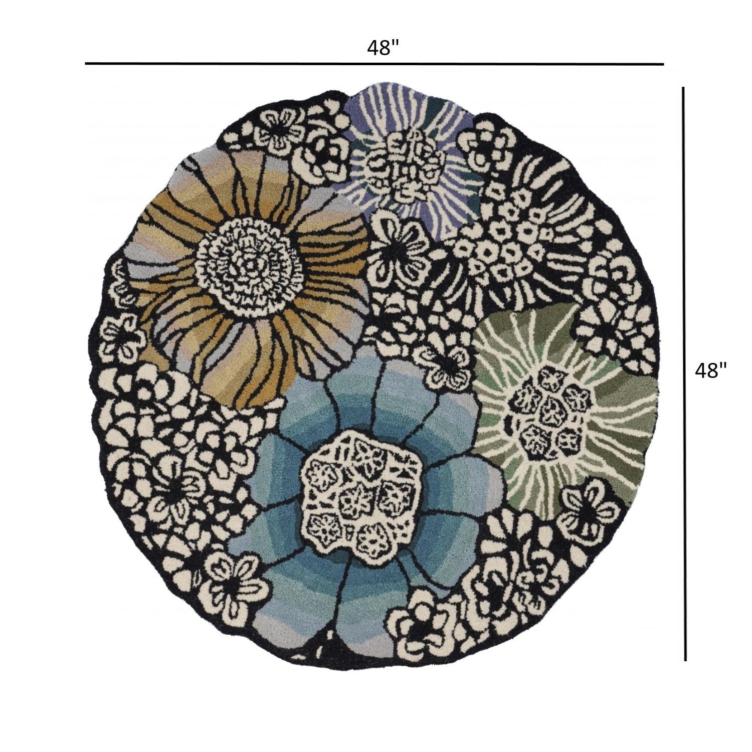 4’ Round Blue and Black Floral Area Rug