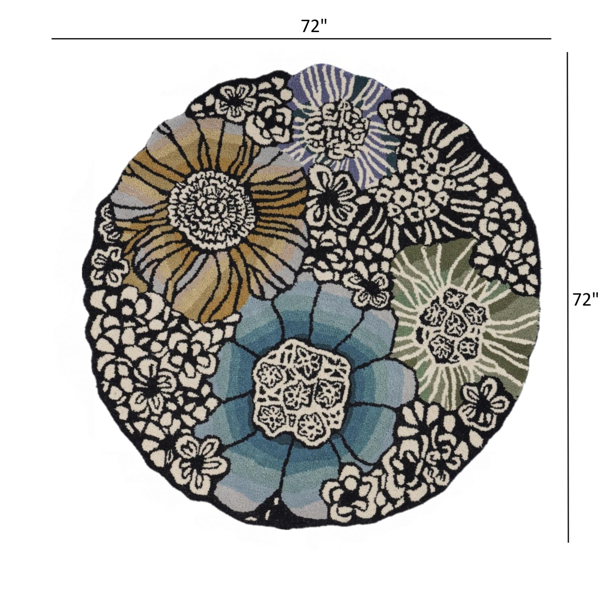 6’ Round Blue and Black Floral Area Rug
