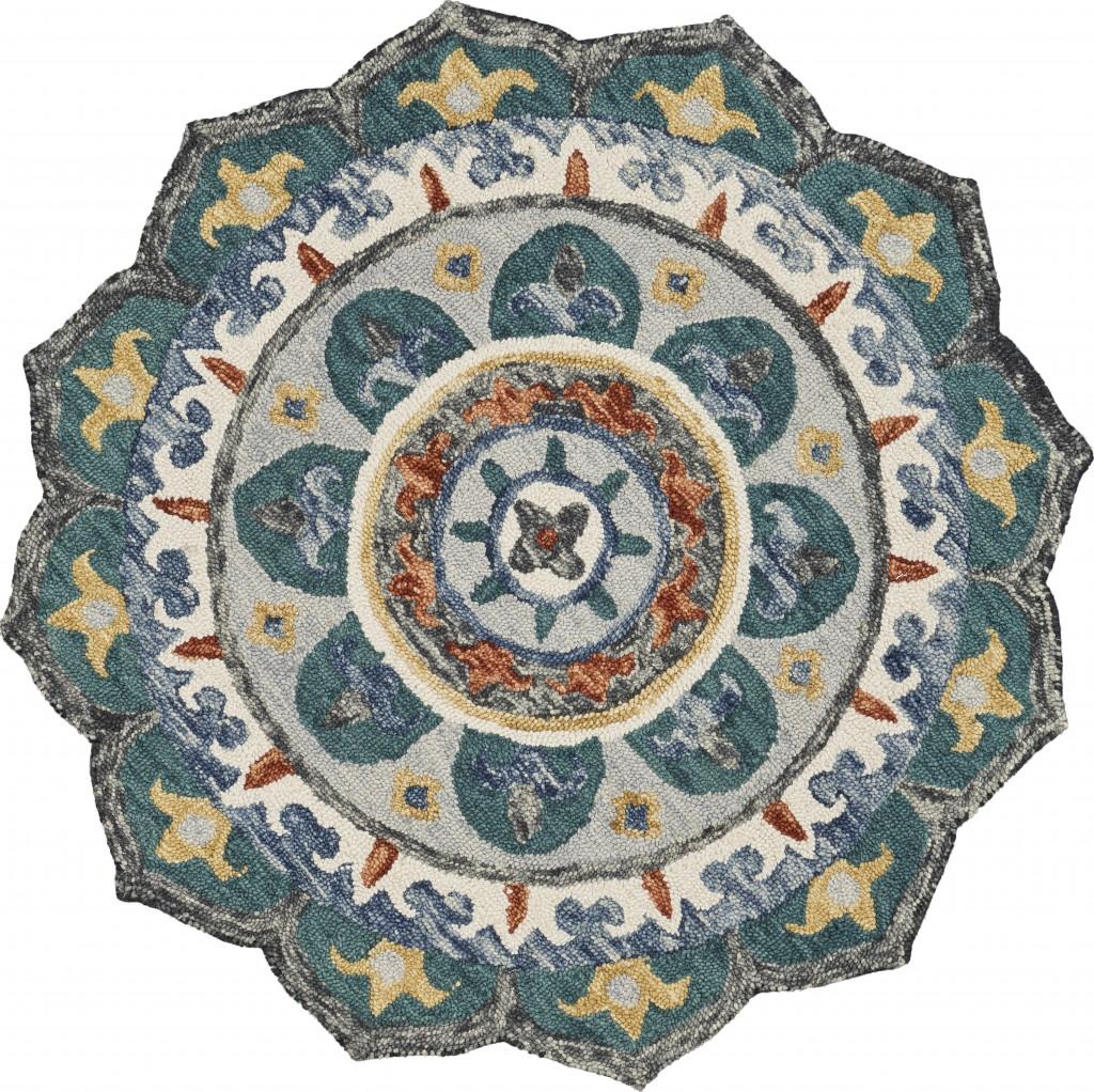 6’ Round Teal Decorative Floral Area Rug