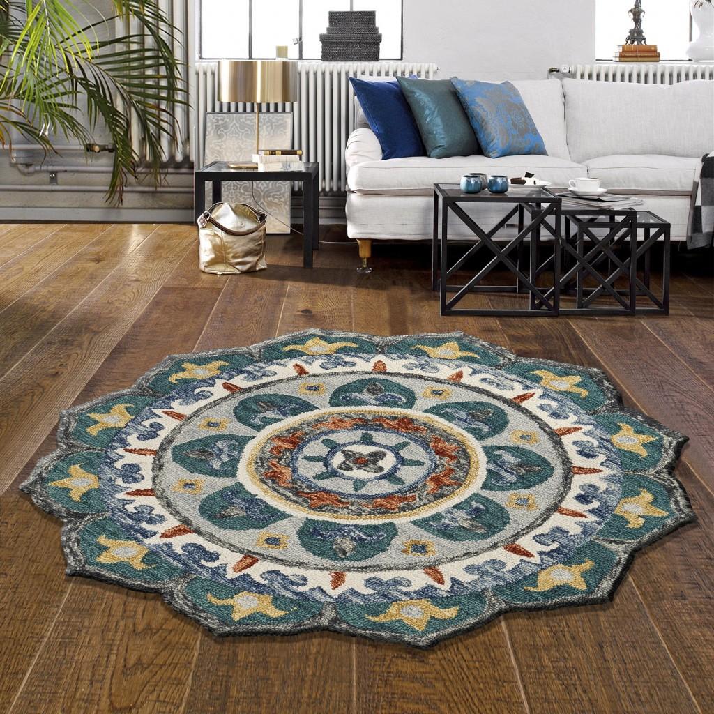 6’ Round Teal Decorative Floral Area Rug