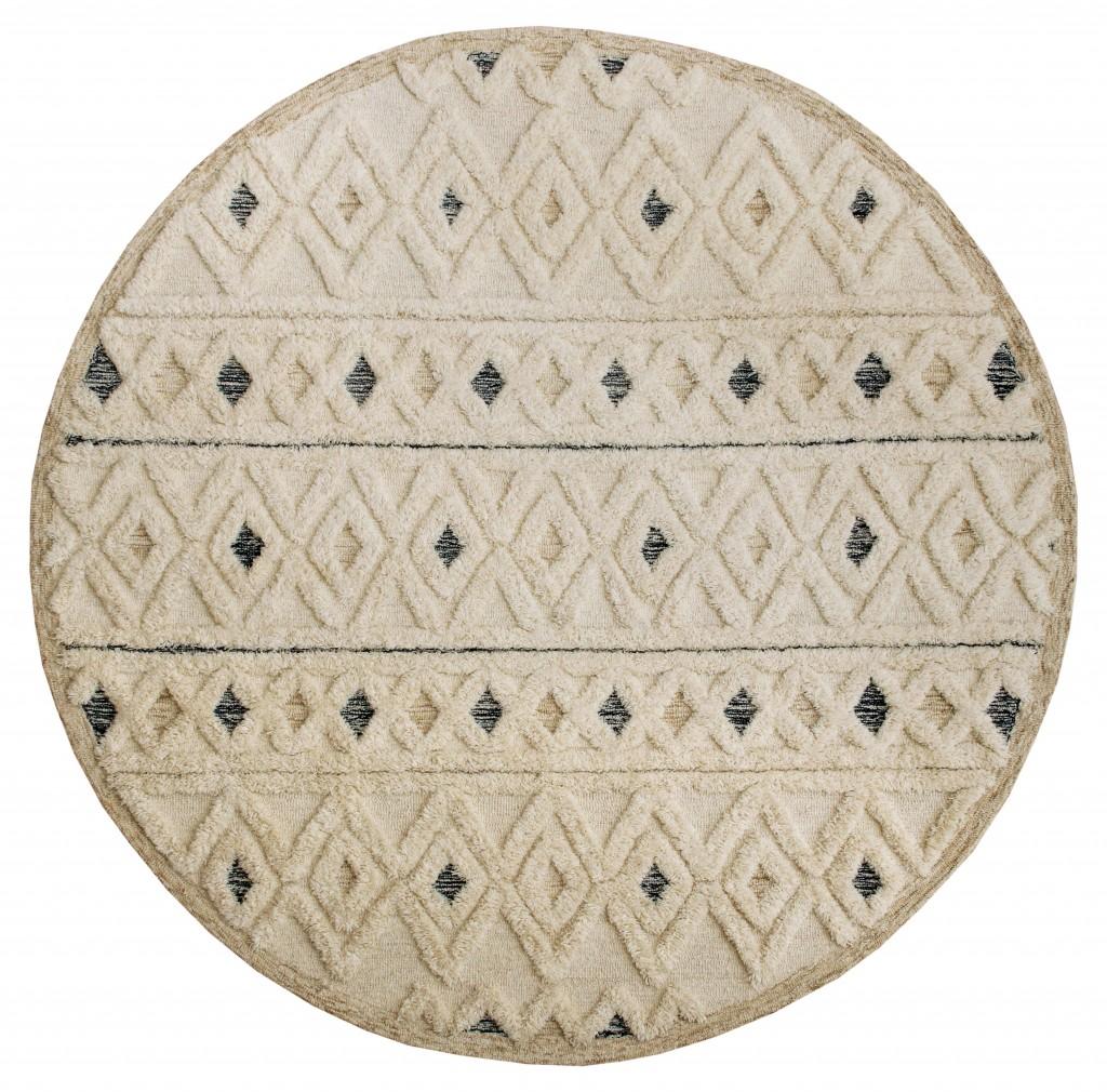 4’ Round Cream and Blue Stripe Diamond Area Rug Default Title