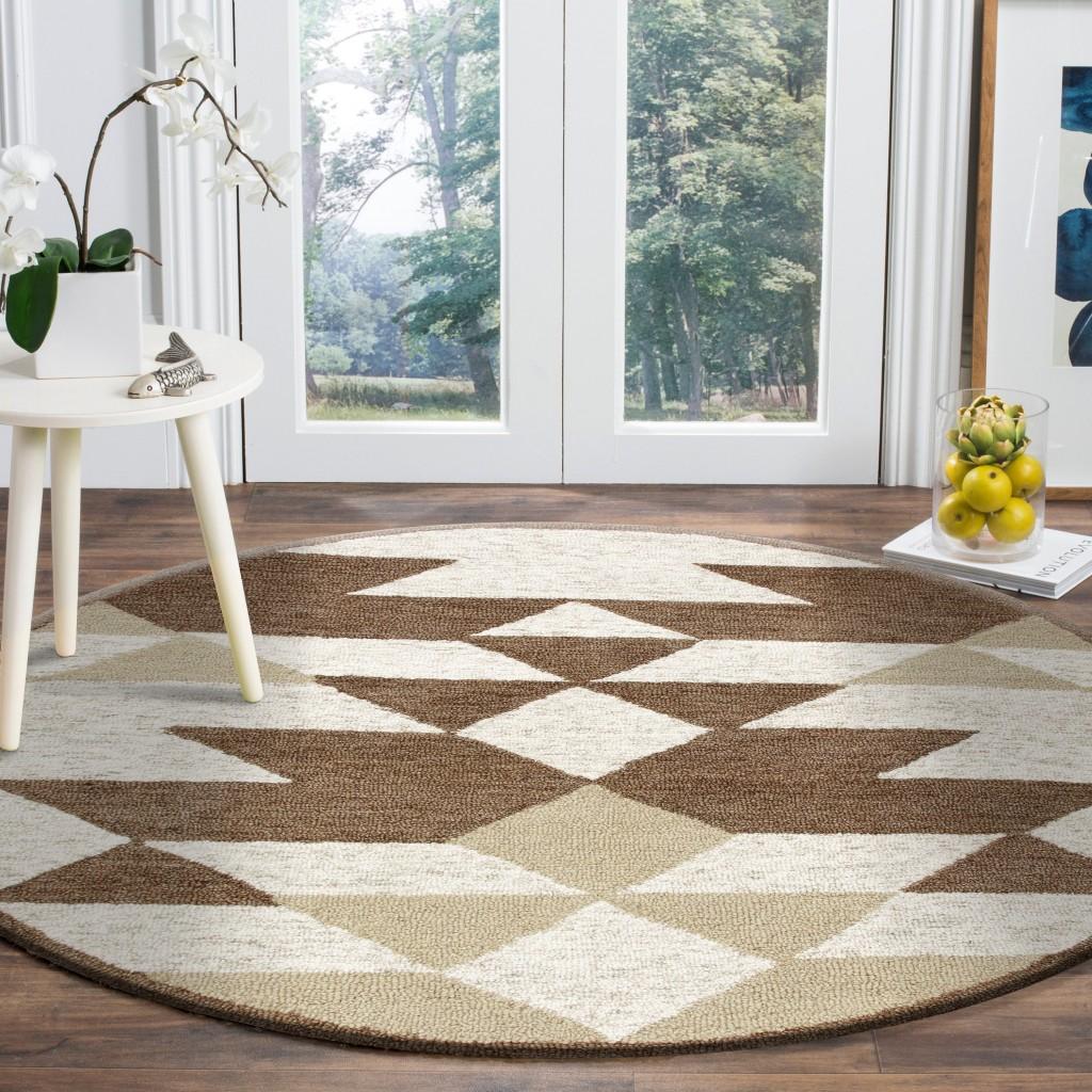 6’ Round Brown Bohemian Geometric Area Rug