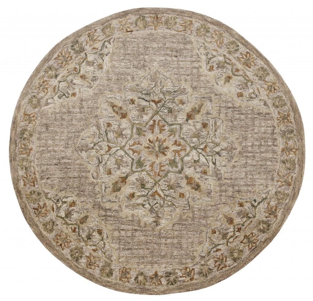 4’ Round Beige Distressed Medallion Area Rug Default Title