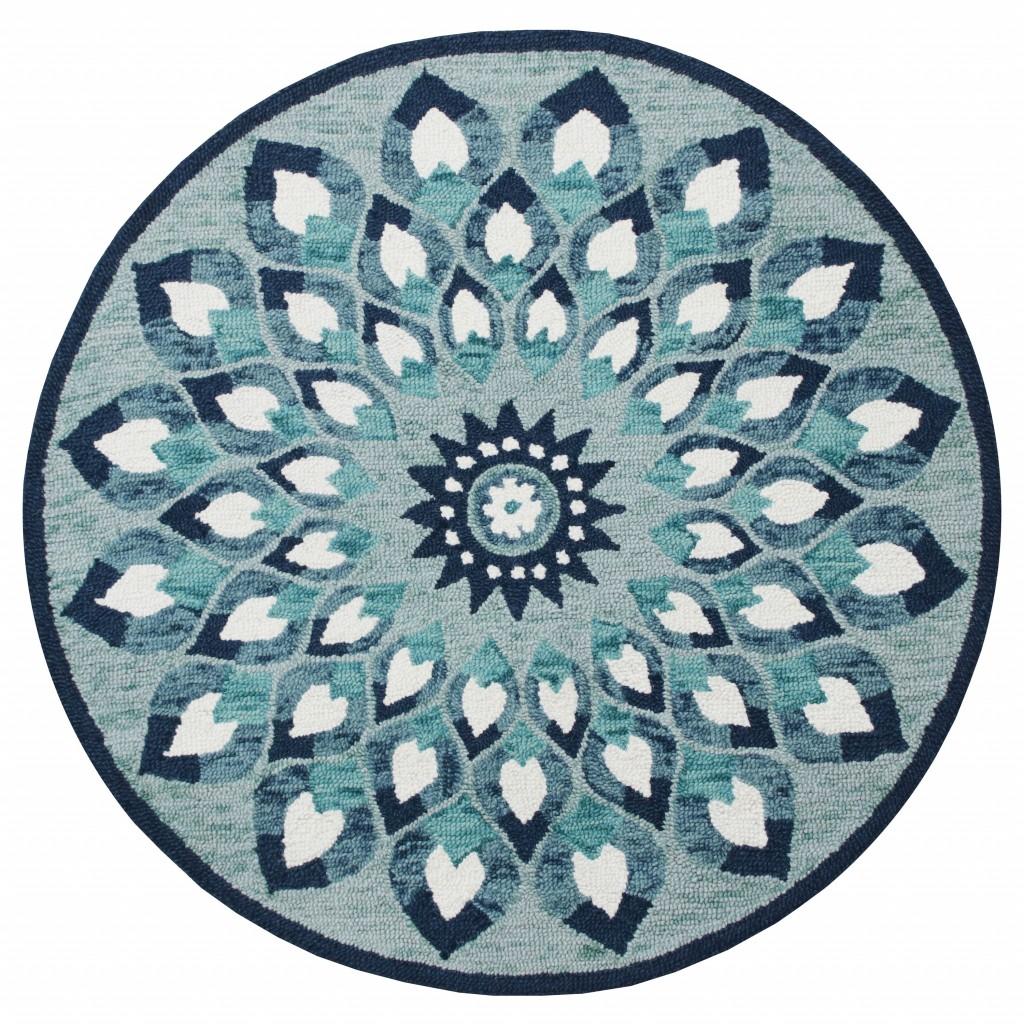 4’ Round Blue and White Floral Feather Area Rug Default Title