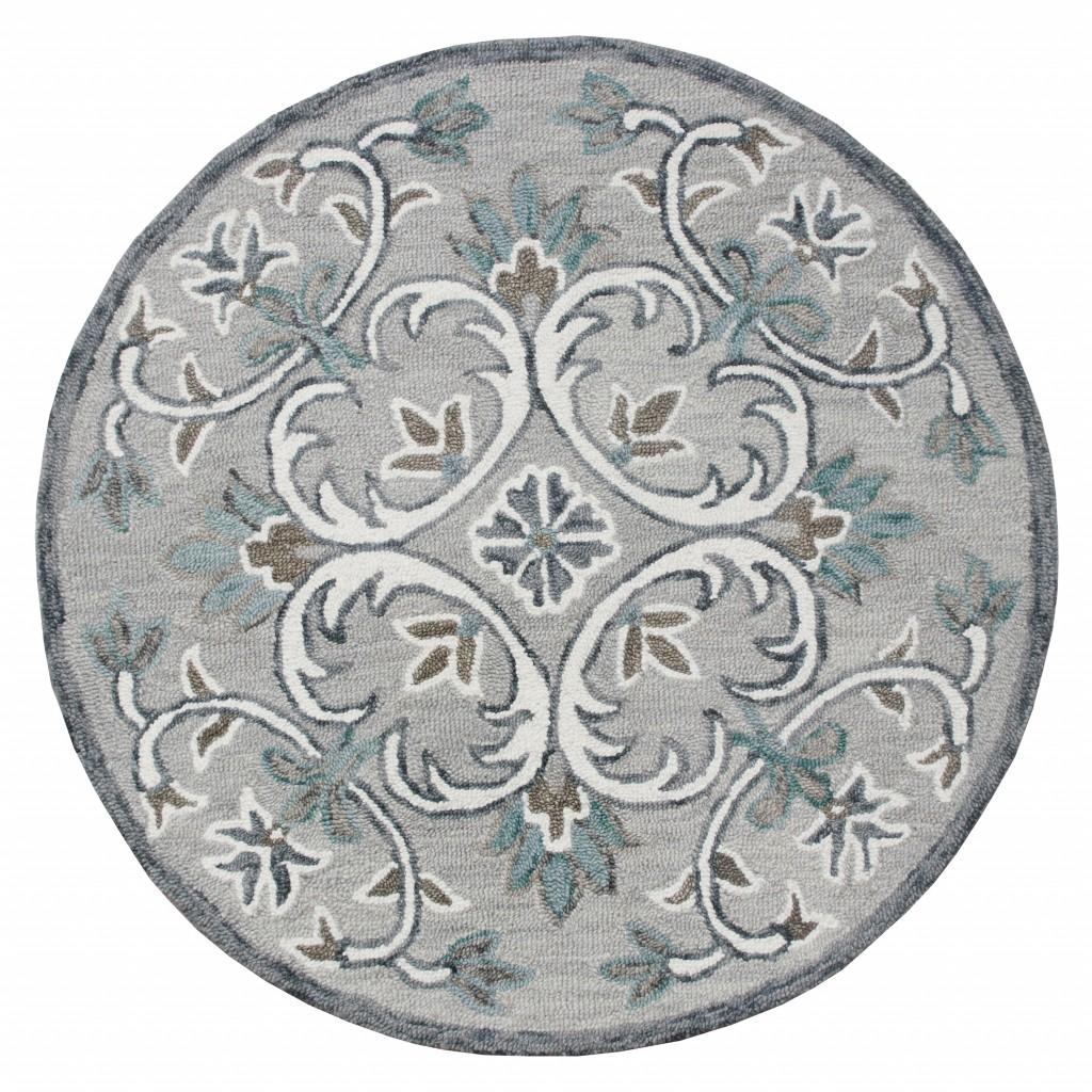 4’ Round Gray and White Filigree Area Rug Default Title