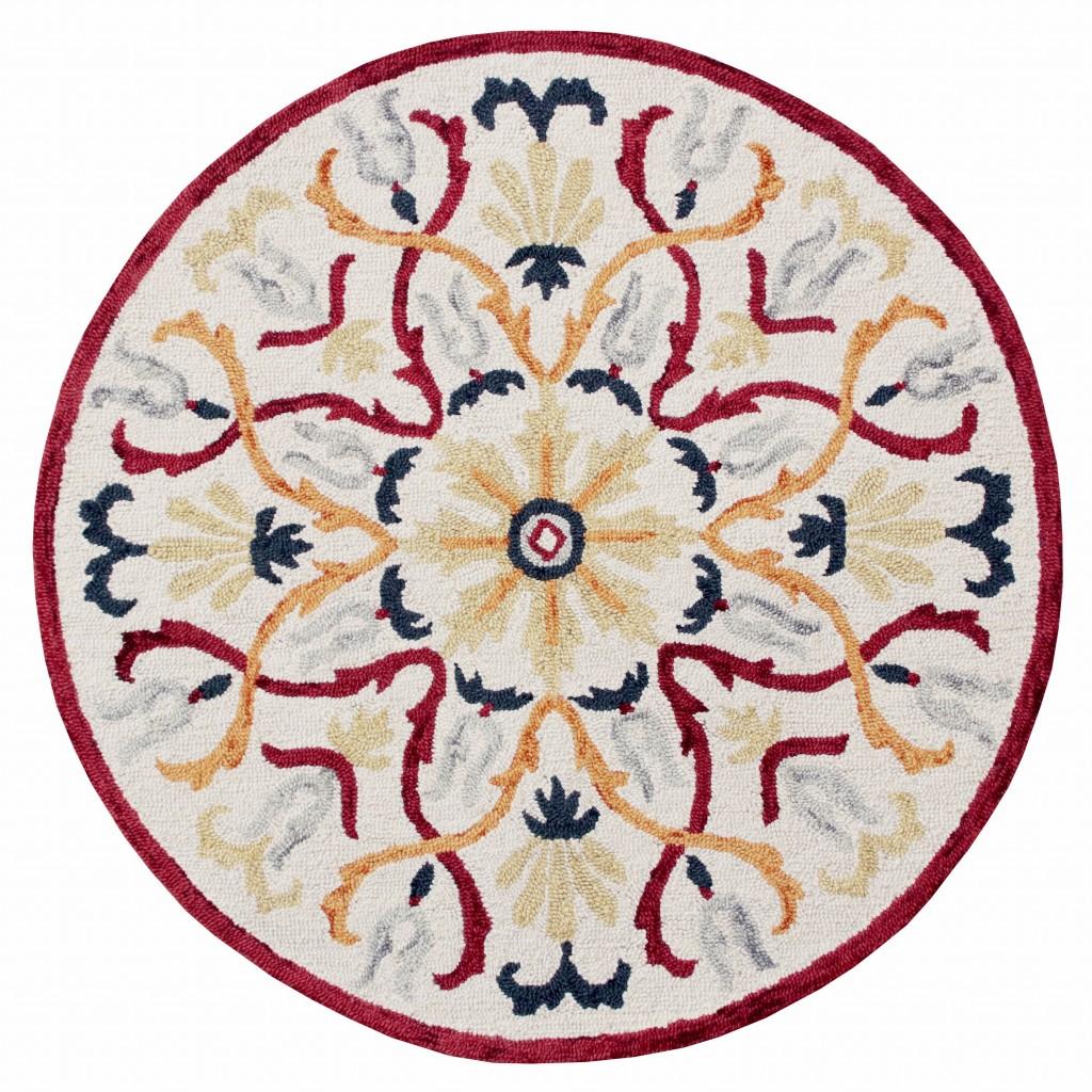 6’ Round Red and Ivory Floral Filigree Area Rug Default Title