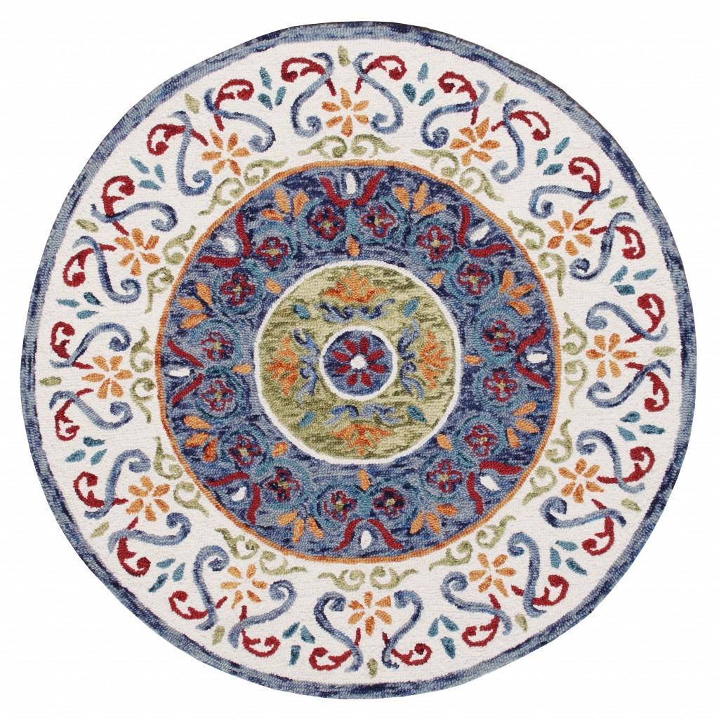 4’ Round Blue and White Ornate Medallion Area Rug Default Title