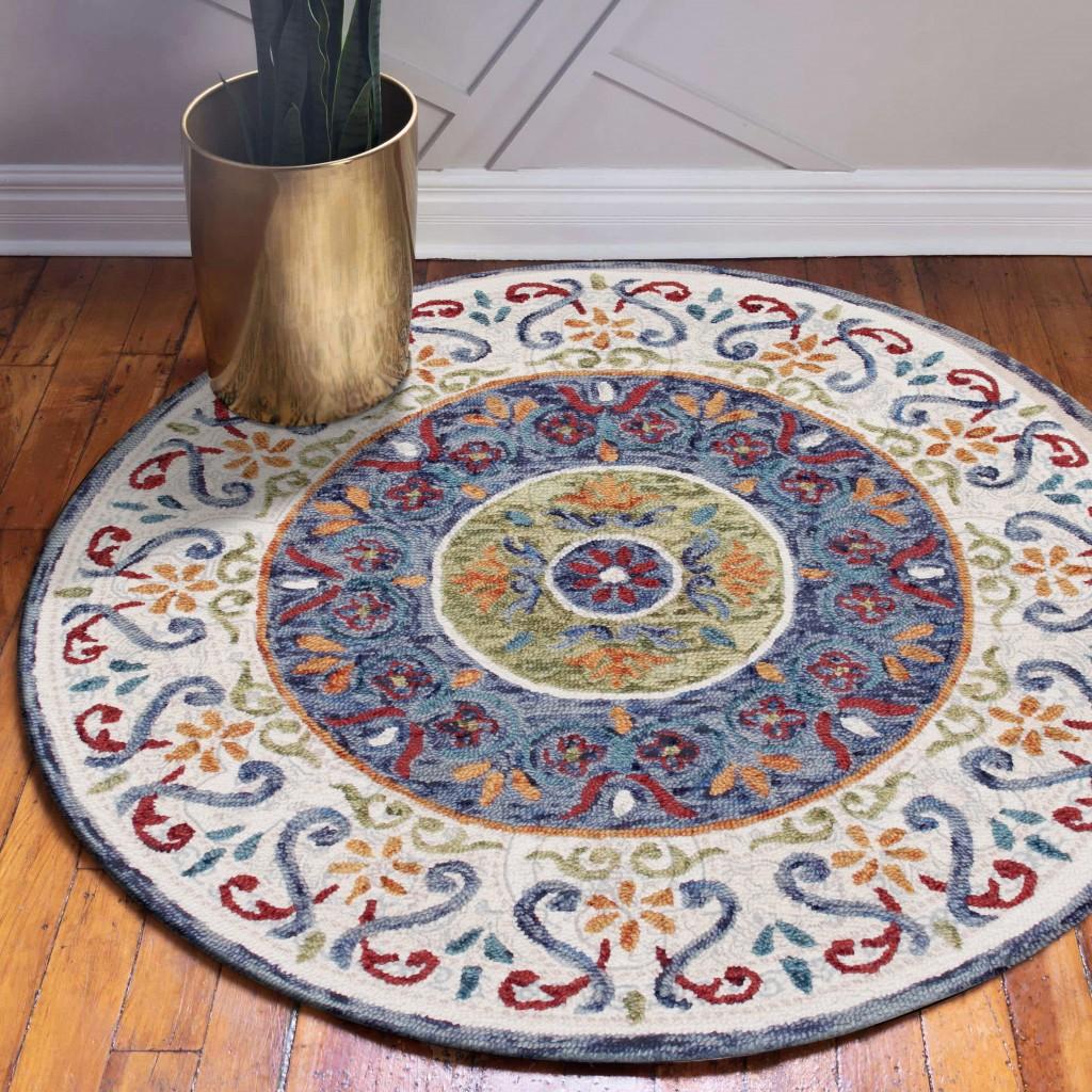 6’ Round Blue and White Ornate Medallion Area Rug