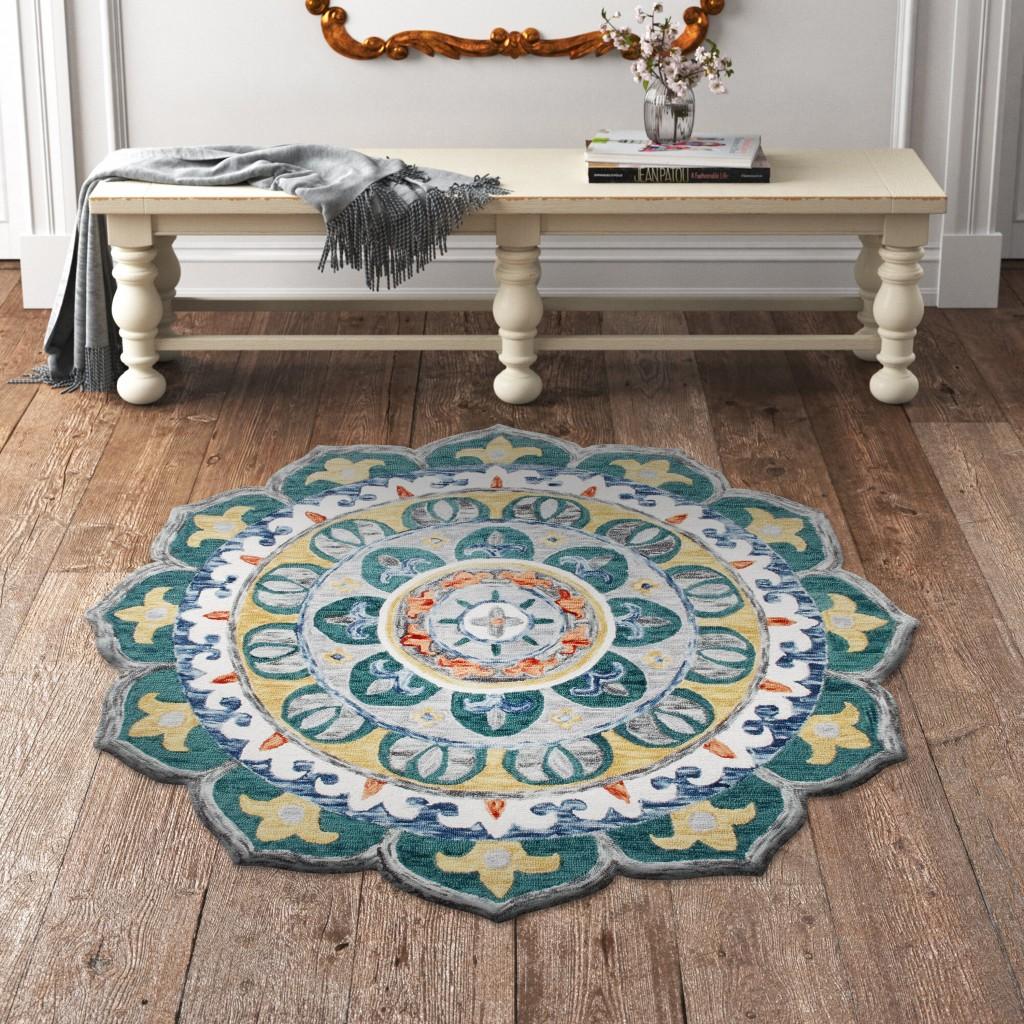 6’ Round Teal Floral Mandala Area Rug