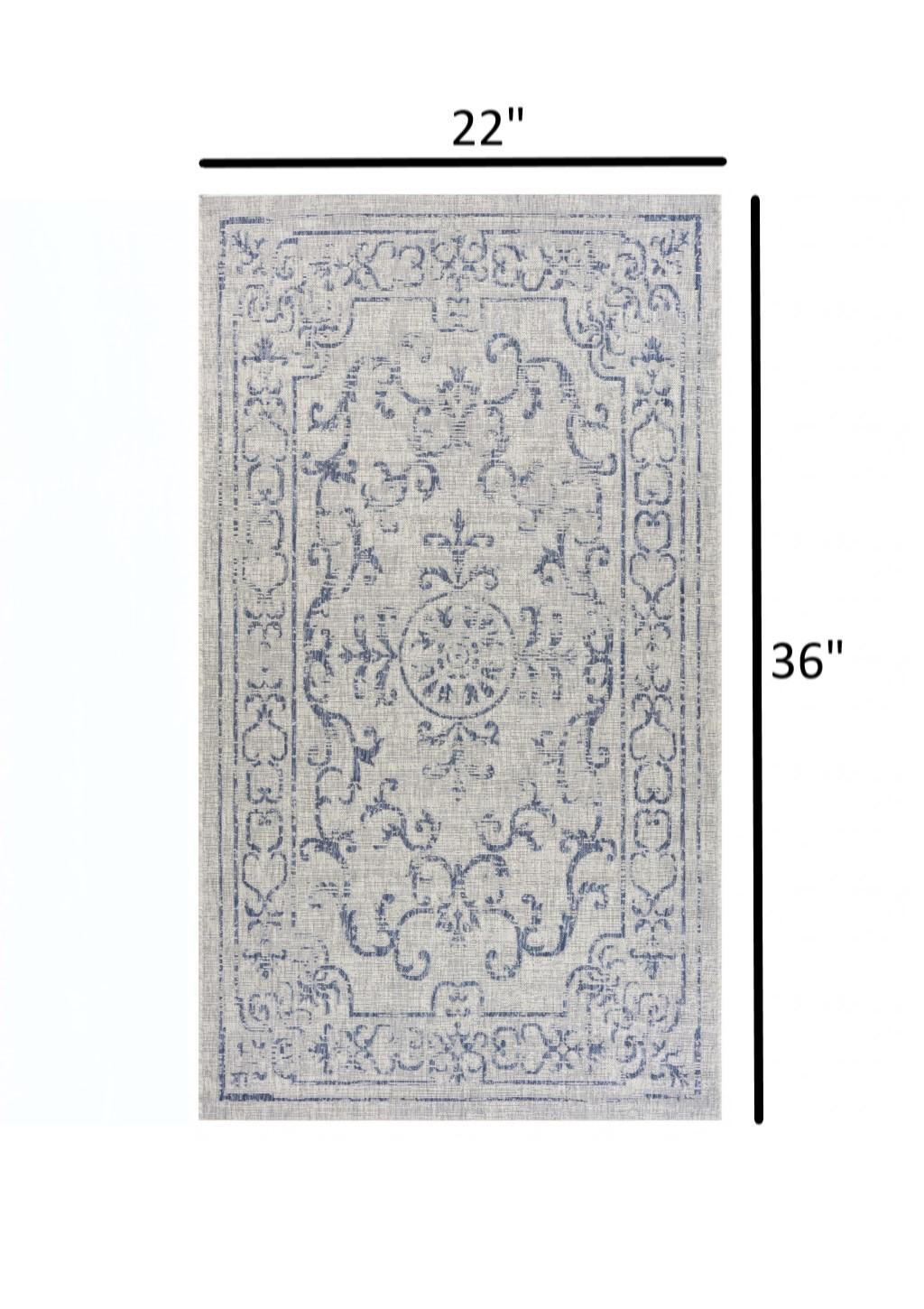 2’ x 3’ Blue Ornate Indoor Outdoor Scatter Rug