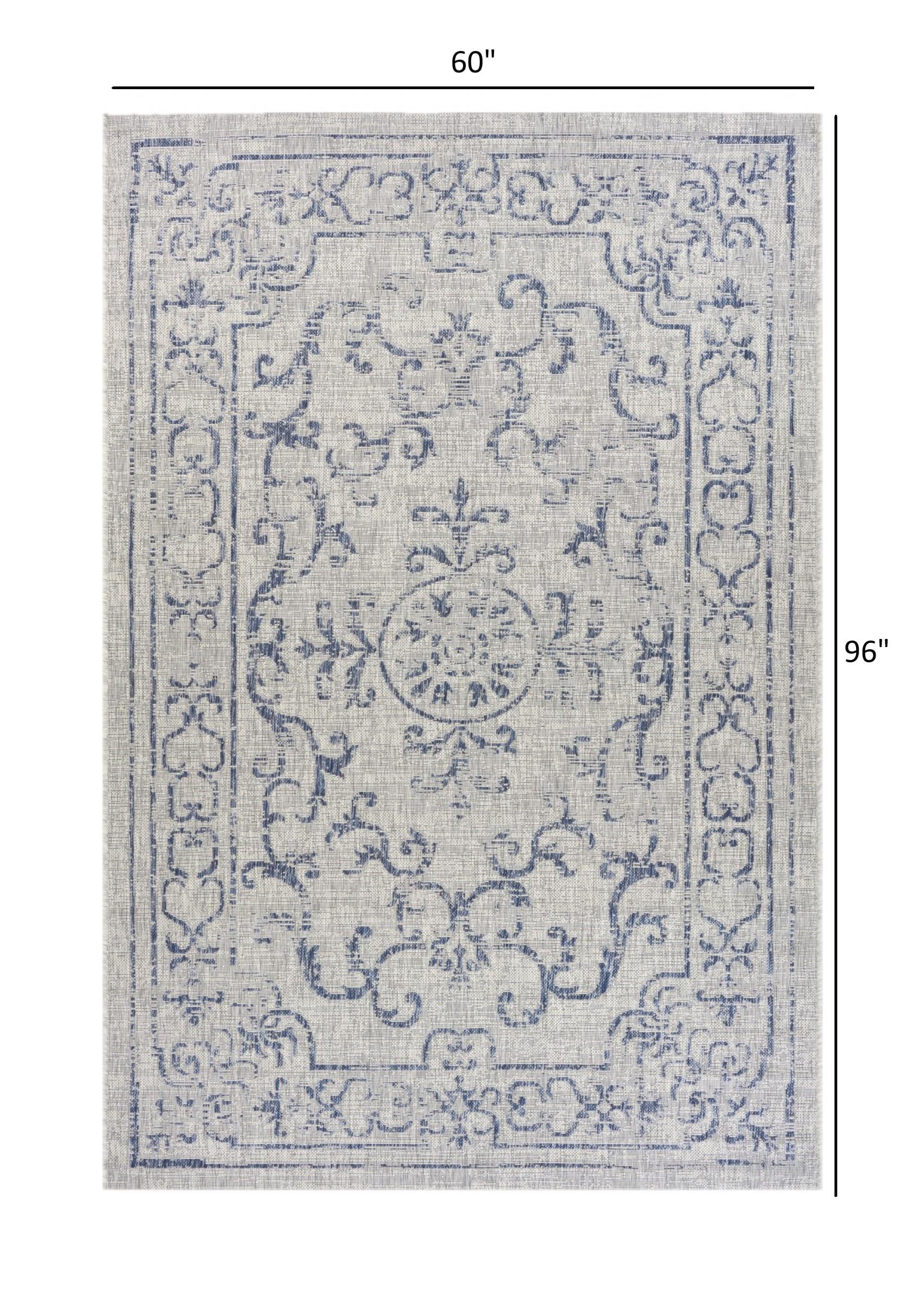 5’ x 8’ Blue Ornate Indoor Outdoor Area Rug