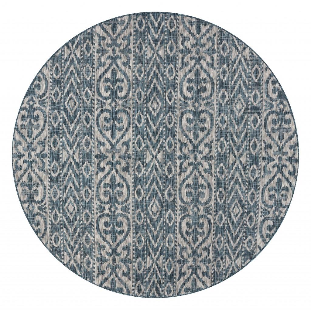 8’ Round Blue Geometric Indoor Outdoor Area Rug